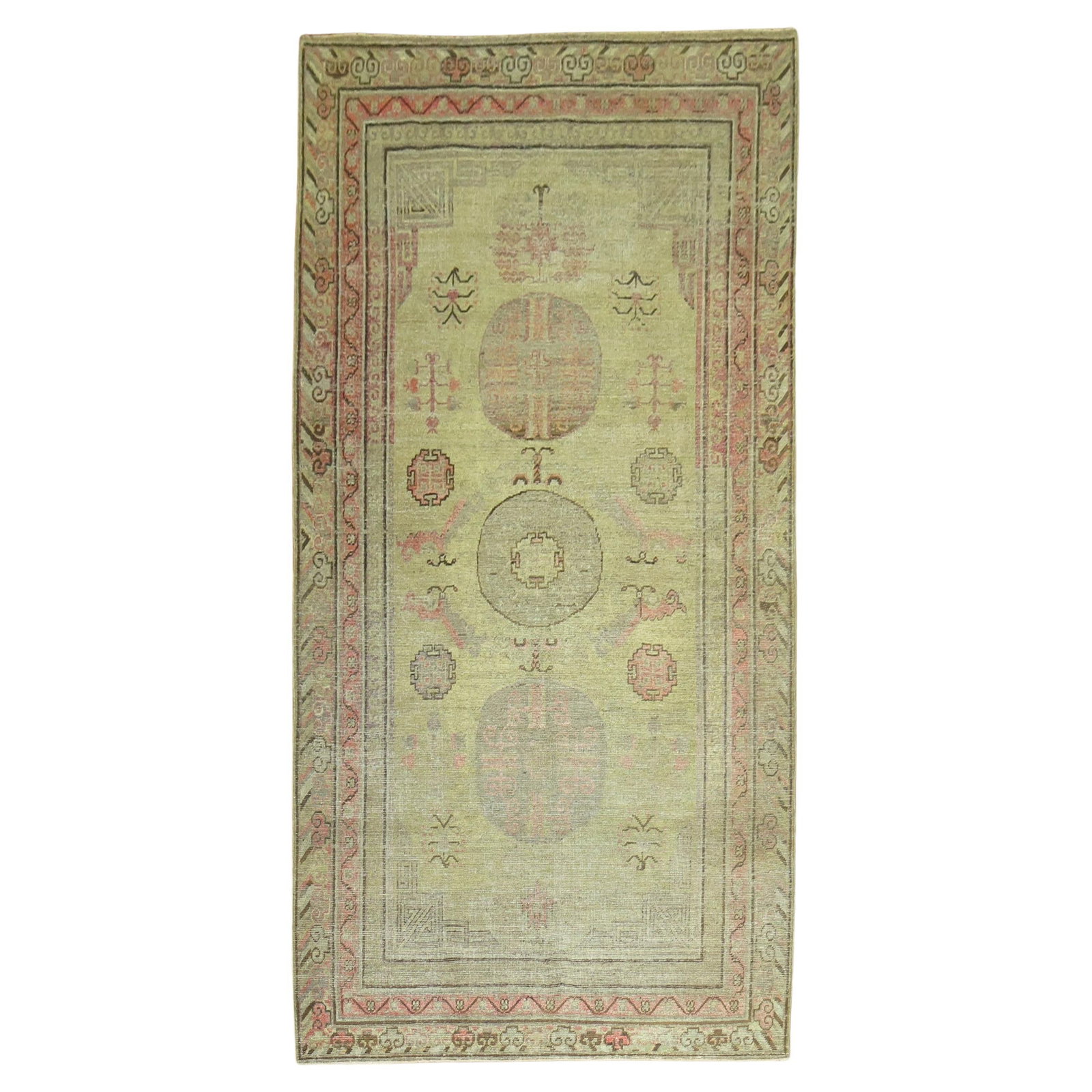 Antique Late 19th Century Mustard Khotan Rug 60 x 111 Wool East Turkestan: Antique Late 19th Century Mustard Khotan Rug 60 x 111 Wool East Turkestan This stunning late 19th-century Khotan rug showcases a rich mustard field accent design, characteristic of the Anglo-Japanese 