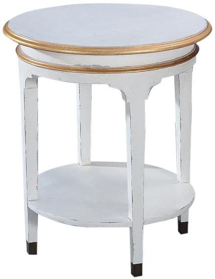 Vivian Round Side Table White Finish with Gold Accents: Vivian Round Side Table White Finish with Gold Accents Introducing the Vivian Round Side Table, a stunning piece designed in an antique style with a charming white finish and elegant gold accents. Thi