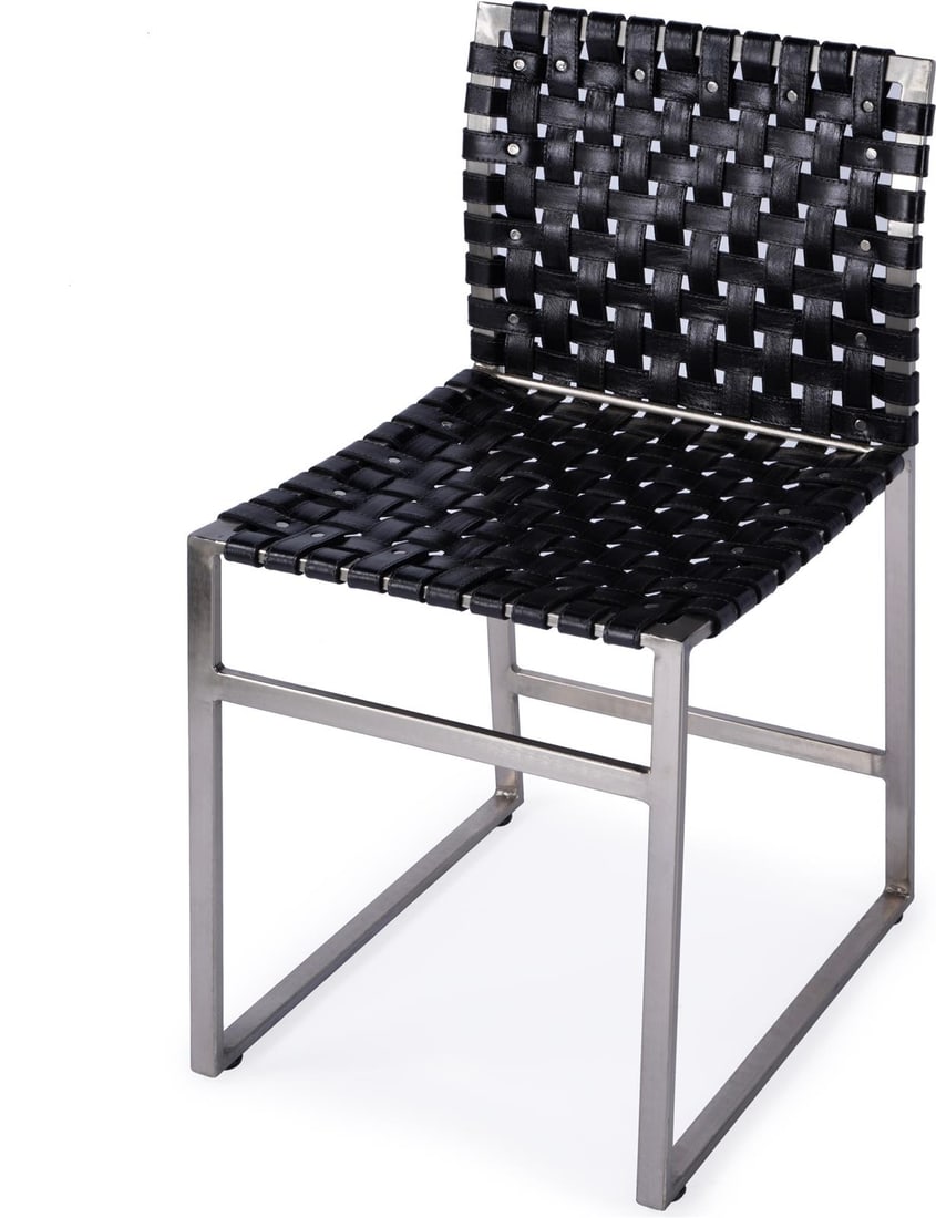 Industrial Style Side Chair Black Leather and Iron by Butler: Industrial Style Side Chair Black Leather and Iron by Butler This un-used side chair features a sleek black leather seat and backrest complemented by a sturdy frame crafted from a combination of brass