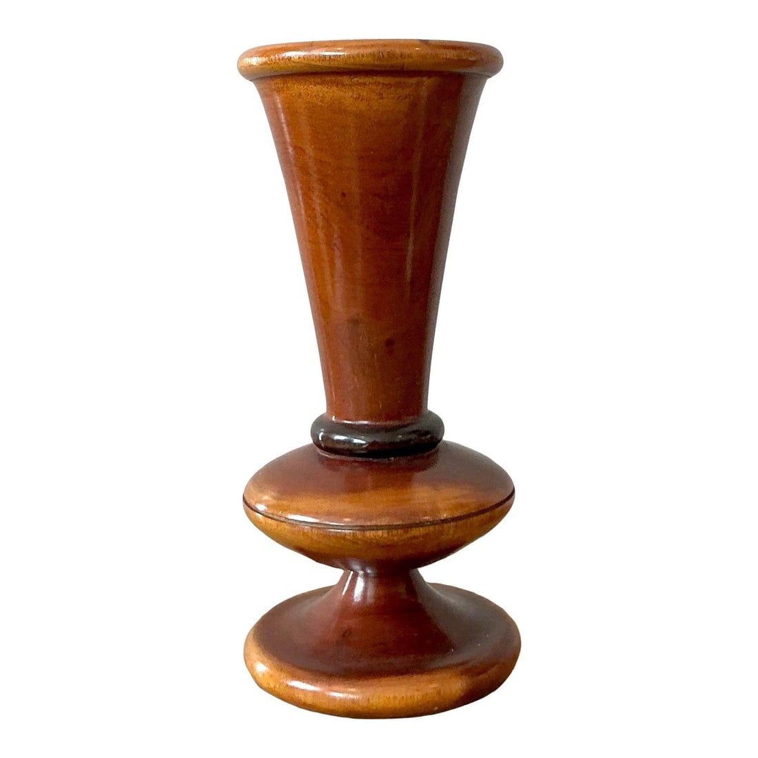 Mid-Century Modern Ceramic Trumpet Vase with Rich Brown Glaze: Mid-Century Modern Ceramic Trumpet Vase with Rich Brown Glaze This vintage ceramic vase showcases a striking architectural form with a deeply flared trumpet mouth, slender neck, and a substantial doub