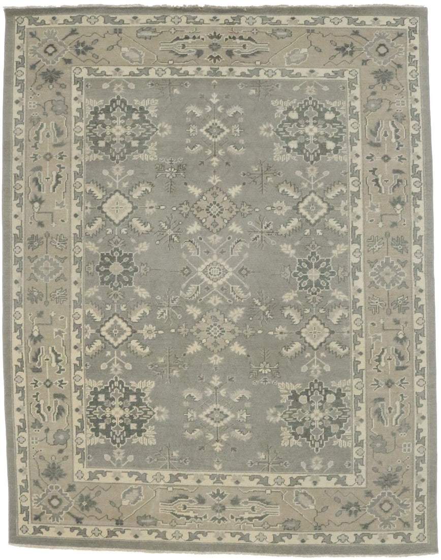 Wool Area Rug 7'10 x 9'11 Floral Hand-Knotted Transitional Design from India: Wool Area Rug 7'10 x 9'11 Floral Hand-Knotted Transitional Design from India This handmade transitional oriental rug features a muted floral pattern in brownish, gray, cream, and beige tones. Crafted 