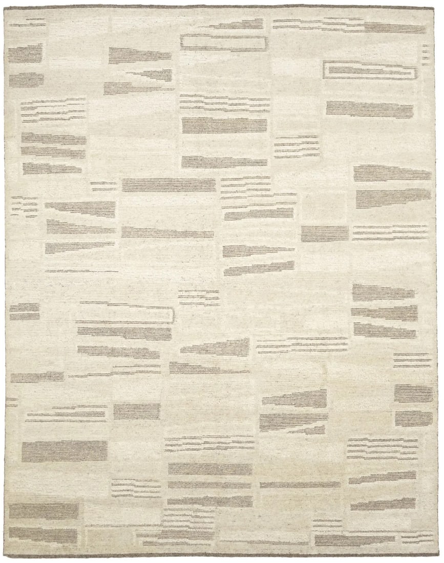 Hand-knotted wool area rug with modern abstract pattern 8'1 x 10'2: Hand-knotted wool area rug with modern abstract pattern 8'1 x 10'2 This handmade area rug features a modern abstract design in shades of beige, brown, and cream. Expertly hand-knotted from wool, it of