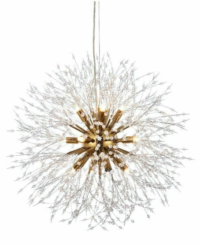 Solace 12-Light Gold Crystal Pendant Chandelier 23.6 Inch: Solace 12-Light Gold Crystal Pendant Chandelier 23.6 Inch This modern Sputnik-style chandelier features a gold-finished frame adorned with royal cut clear crystals, offering an elegant focal point for