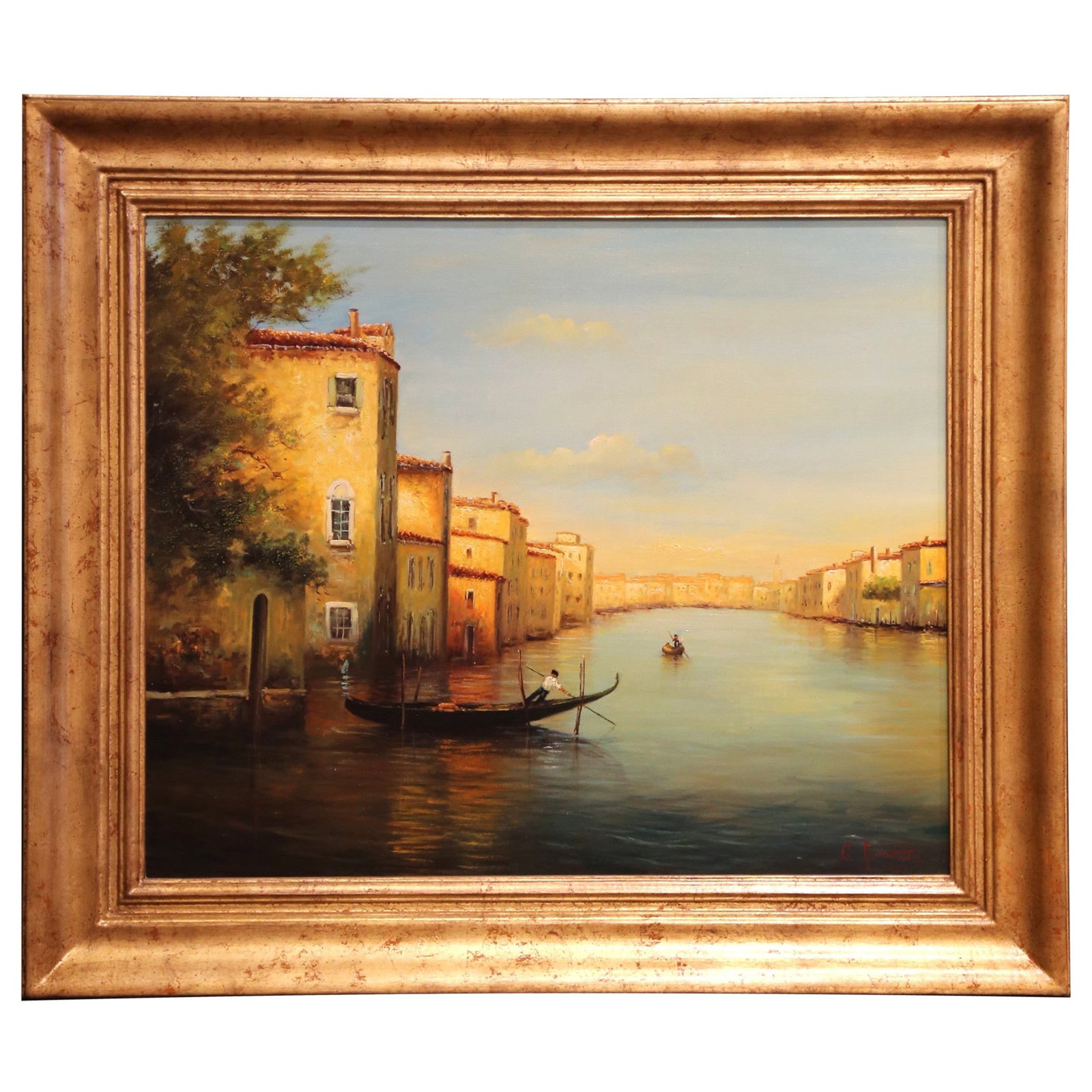 Venetian Canal Scene Oil on Canvas by Georges Quintaine in Giltwood Frame: Venetian Canal Scene Oil on Canvas by Georges Quintaine in Giltwood Frame This mid-century oil painting by Georges Quintaine depicts a luminous Venetian canal scene, capturing the golden light of late