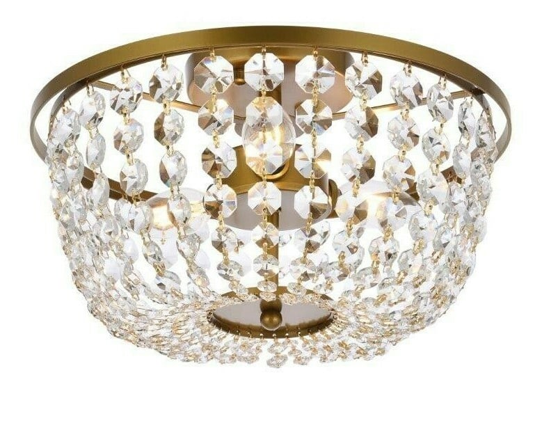 Cora Brass Crystal Flush Mount 3 Light 13 Inch Ceiling Fixture: Cora Brass Crystal Flush Mount 3 Light 13 Inch Ceiling Fixture This pre-owned flush mount chandelier features a modern empire style with a brass and clear finish, adorned with royal cut crystals. Desi