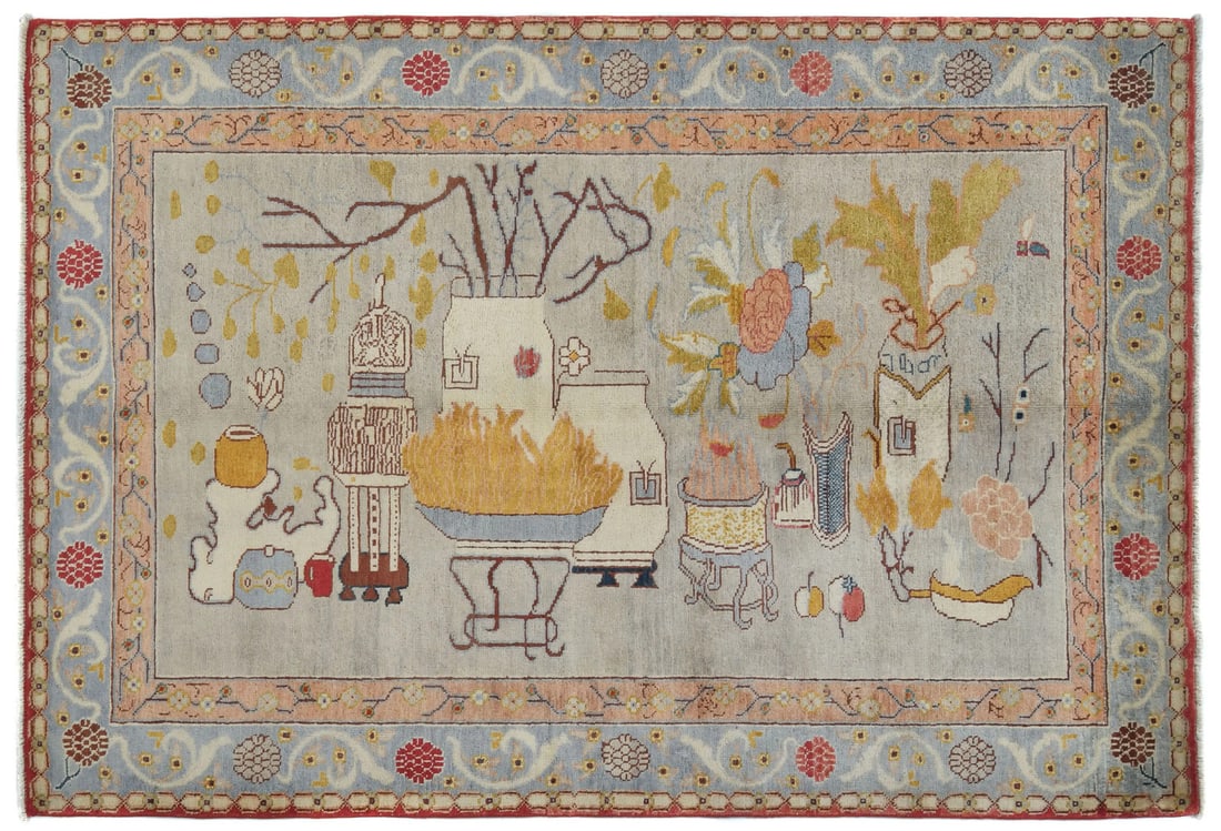 Handmade Kazak Wool Rug 4'6x7'0 Modern Pictorial Design: Handmade Kazak Wool Rug 4'6x7'0 Modern Pictorial Design Enhance your living space with this exquisite Handmade Kazak Pakistan Rug, featuring a modern pictorial design. Measuring 4'6" x 7'0", this area