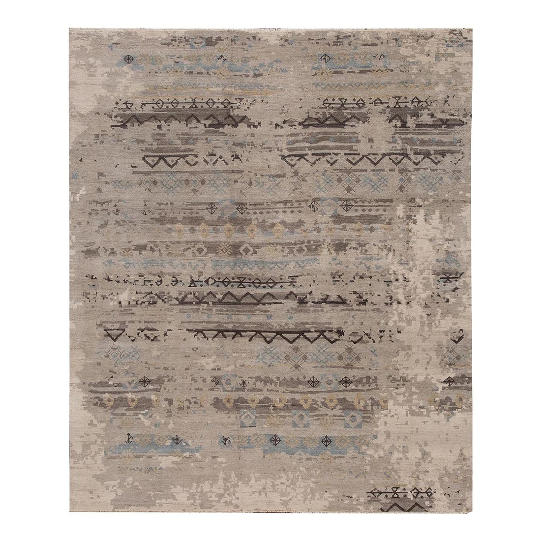 Contemporary Indian Hand-Knotted Gray Wool Geometric Rug 8'3" x 9'9": Contemporary Indian Hand-Knotted Gray Wool Geometric Rug 8'3" x 9'9" Enhance your living space with this stunning contemporary Indian hand-knotted wool rug. Featuring a sleek gray field, this rug is b