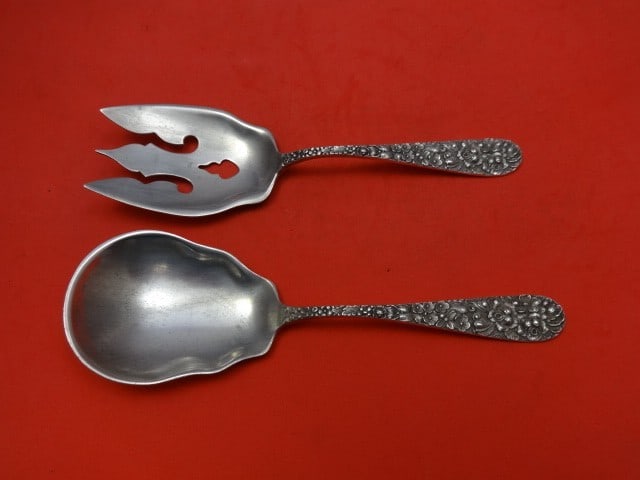Stieff Rose Sterling Silver 2pc Salad Serving Set 8" Flat Handle: Stieff Rose Sterling Silver 2pc Salad Serving Set 8" Flat Handle Elevate your dining experience with this exquisite 2-piece salad serving set from Stieff, crafted in sterling silver. This set features