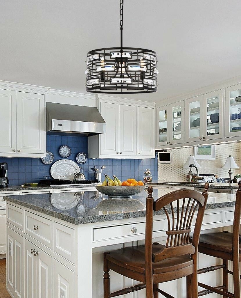 Modern black crystal 3 light chandelier Kennedy 16.5 inch: Modern black crystal 3 light chandelier Kennedy 16.5 inch This modern chandelier features a black metal frame adorned with crystal accents, offering a contemporary touch to dining rooms, kitchens, or 