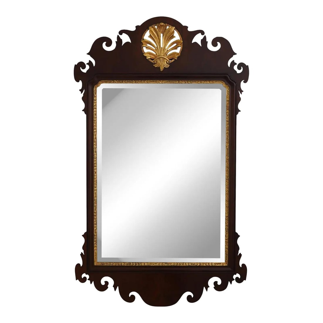 Chippendale Mahogany Mirror with Beveled Glass and Gold Trim: Chippendale Mahogany Mirror with Beveled Glass and Gold Trim This exquisite Chippendale-style mirror features a custom bench-made construction, showcasing a high-quality beveled glass that adds elegan