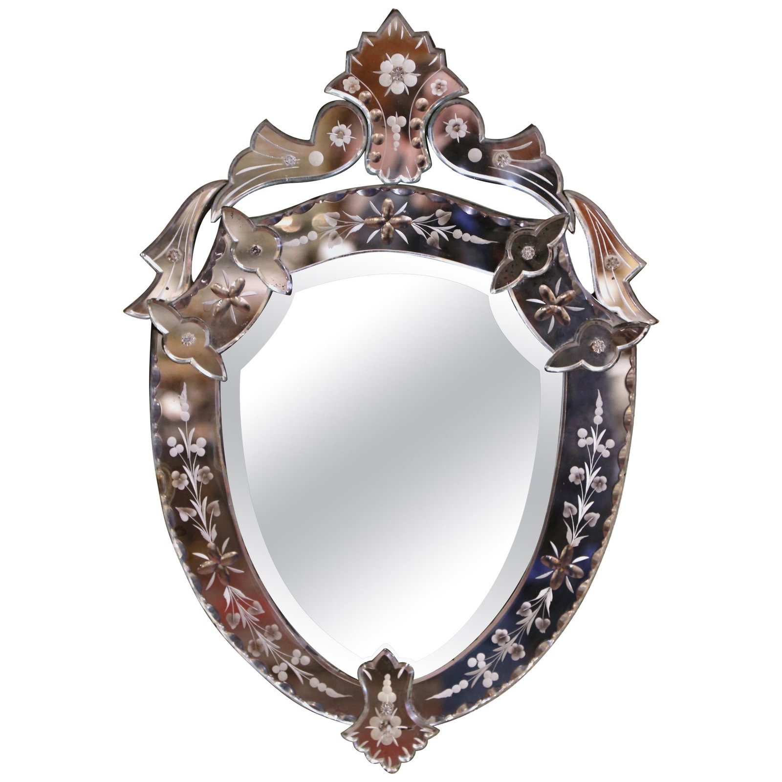 Midcentury Venetian Shield Mirror with Floral Etching Italy 1960 (1 of 10)