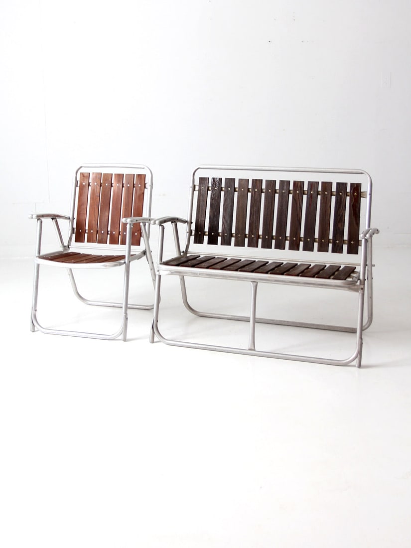 Mid Century Folding Patio Chair and Loveseat Set Aluminum Frame: Mid Century Folding Patio Chair and Loveseat Set Aluminum Frame Elevate your outdoor space with this charming mid-century vintage folding chair and loveseat set. Designed for comfort and style, this s