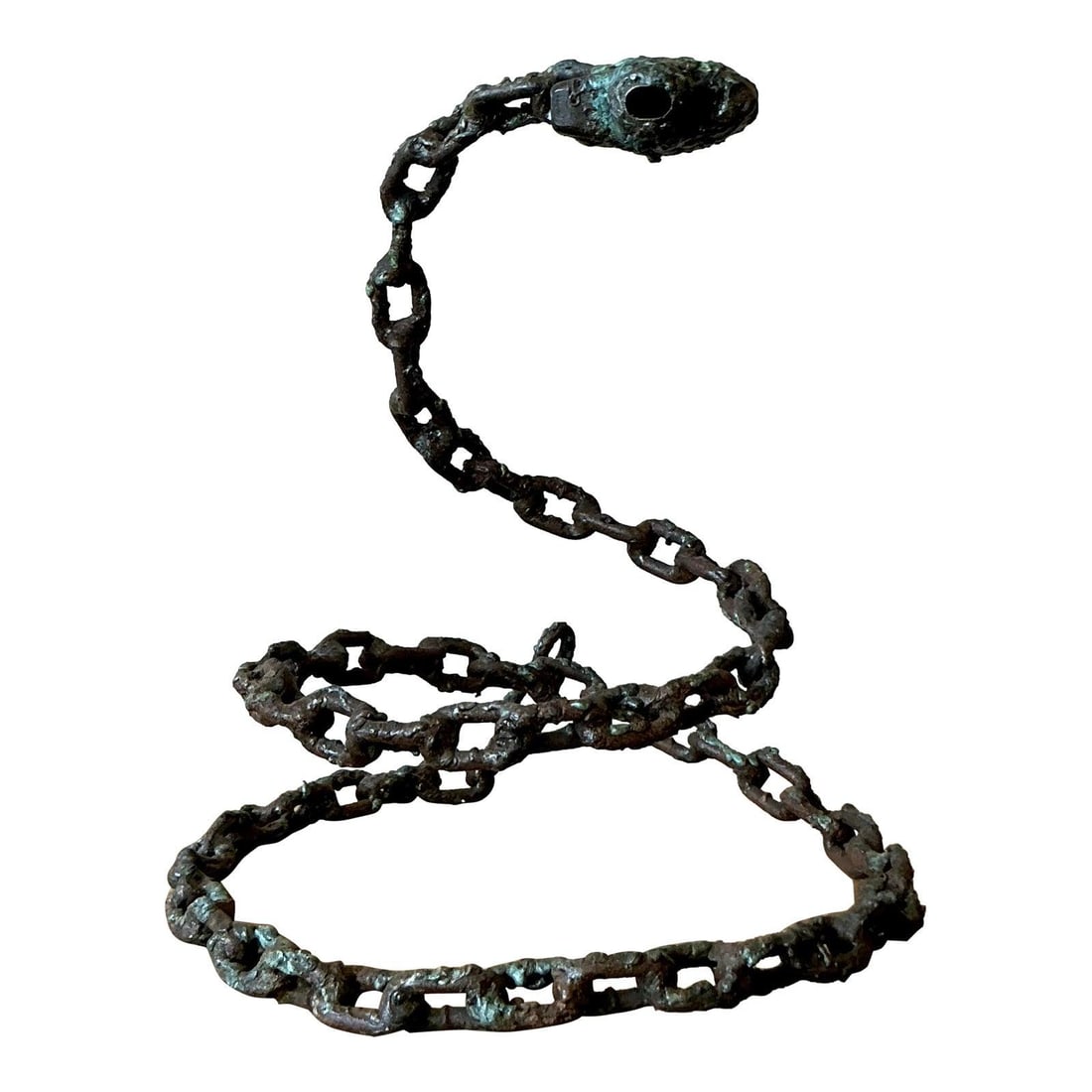 Brutalist Snake Figure Made From Chain Links With Verdigris Patina: Brutalist Snake Figure Made From Chain Links With Verdigris Patina This vintage Brutalist snake sculpture is crafted from salvaged heavy-gauge chain links, expertly welded into a coiled, cobra-like fo