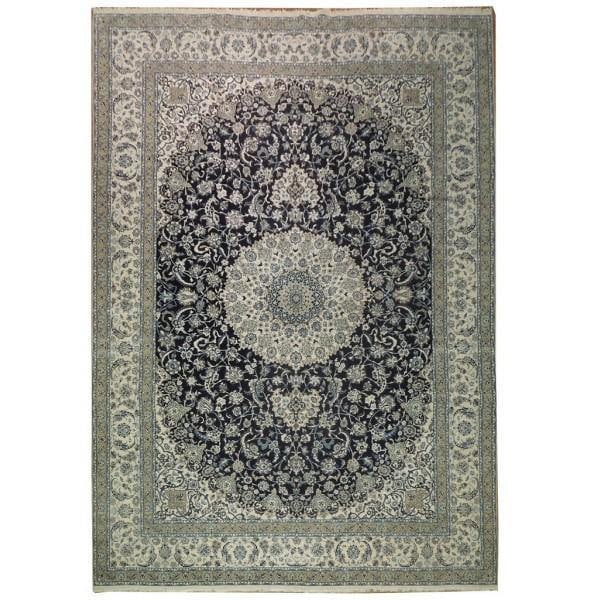 Luxurious 13 x 18.8 Persian Nain Deep Blue Silk Wool Rug: Luxurious 13 x 18.8 Persian Nain Deep Blue Silk Wool Rug Free continental US Shipping Discover the luxurious 13' x 19' Super Fine Silk & Wool Persian Nain Deep Blue Rug, a stunning example of Persian 