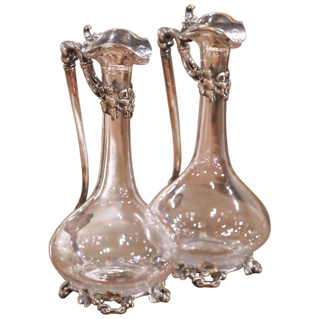 Set of 2 19th Century French Louis XV Silvered Crystal Decanters: Set of 2 19th Century French Louis XV Silvered Crystal Decanters This exquisite pair of 19th-century French Louis XV-style wine decanters showcases the elegance of hand-blown crystal complemented by i