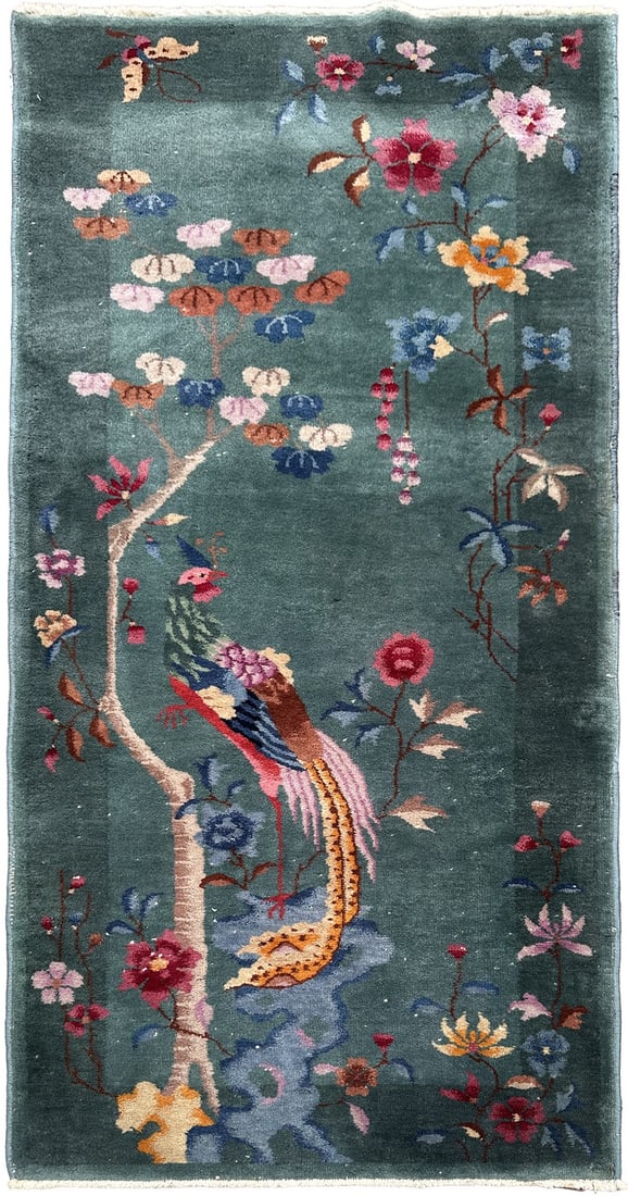3 x 5'10" Chinese Art Deco wool rug with Tree of Life bird motif (1 of 10)