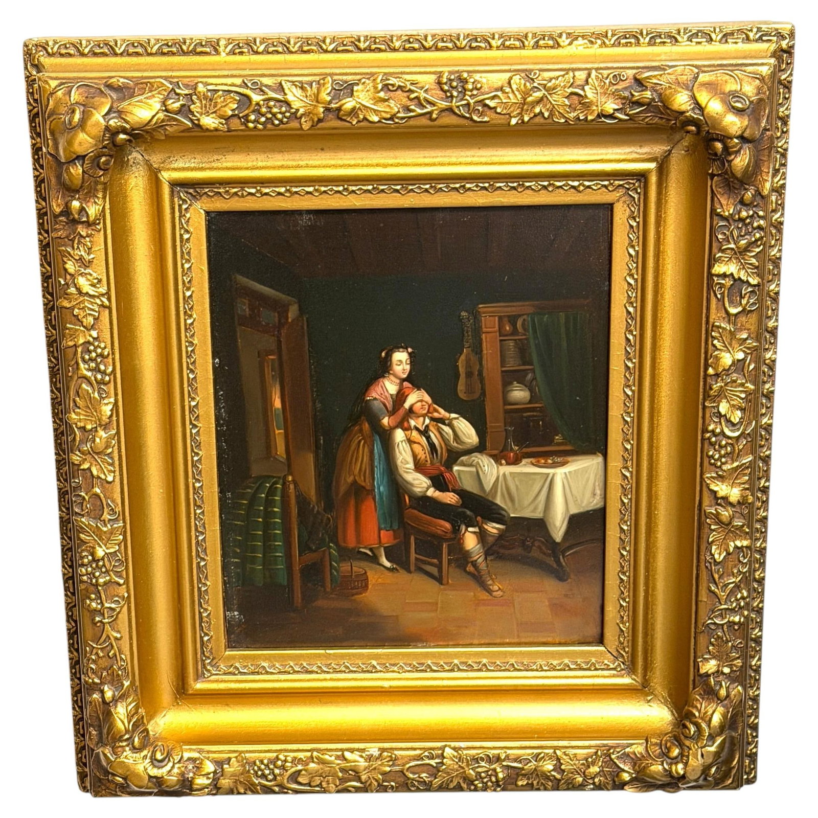Oil on Tin Biedermeier Genre Scene The Surprise in Original Giltwood Frame: Oil on Tin Biedermeier Genre Scene The Surprise in Original Giltwood Frame This mid-19th century Biedermeier genre painting, titled "The Surprise," is executed in oil on tin and remains housed in its 