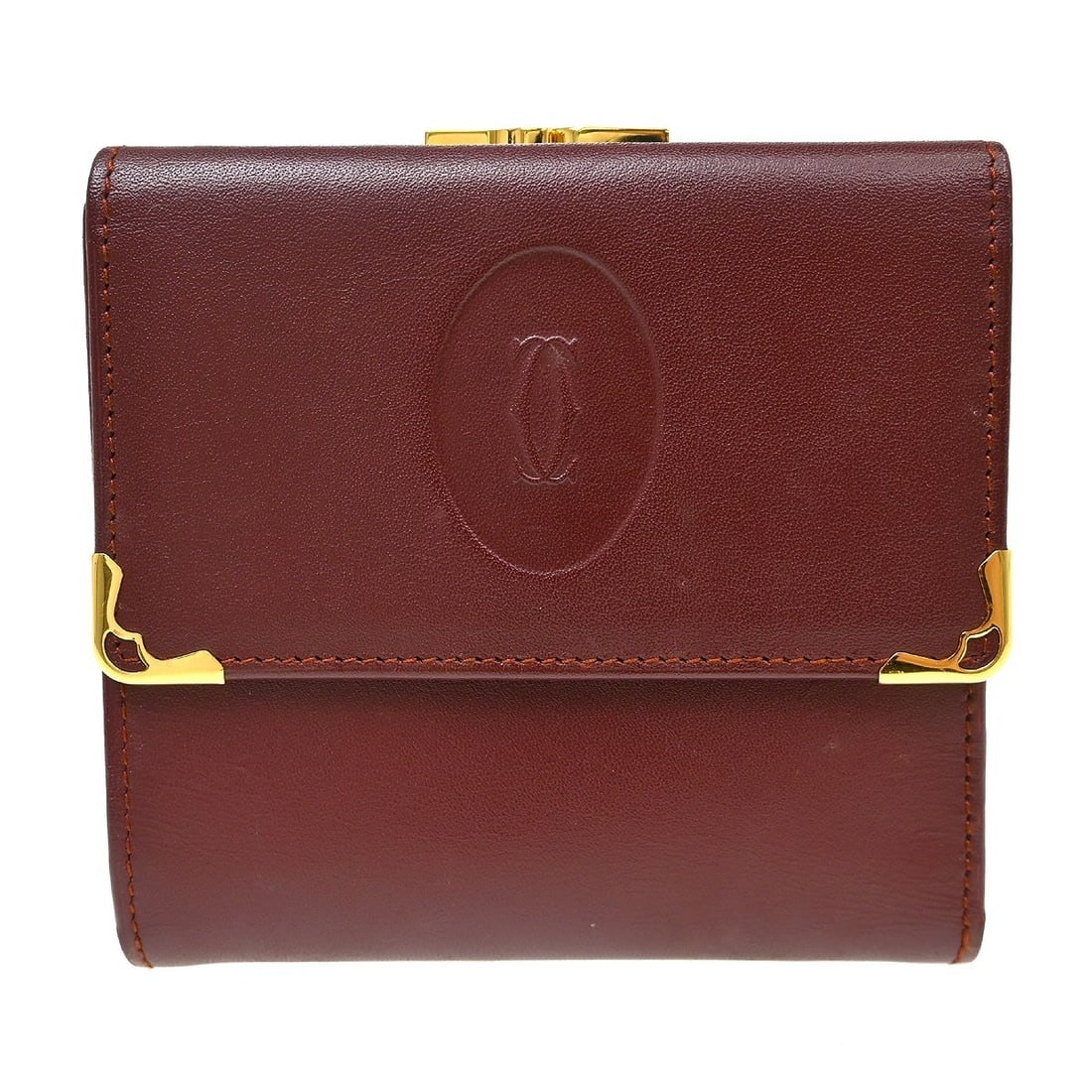 Cartier Triold Leather Wallet in Bordeaux with Box Card: Cartier Triold Leather Wallet in Bordeaux with Box Card Vintage Cartier tri-fold wallet in bordeaux leather. This women's wallet features a compact design with an exterior coin pocket and organized in