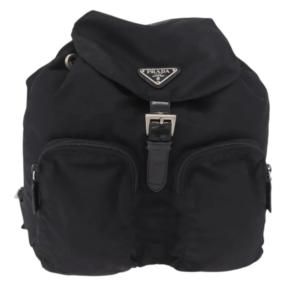 Prada Double Front Pocket Black Nylon Unisex Bag: Prada Double Front Pocket Black Nylon Unisex Bag Prada Double Front Pocket Tessuto bag in black nylon with leather trim. This unisex design is made in Italy and shows worn condition with shape loss, l