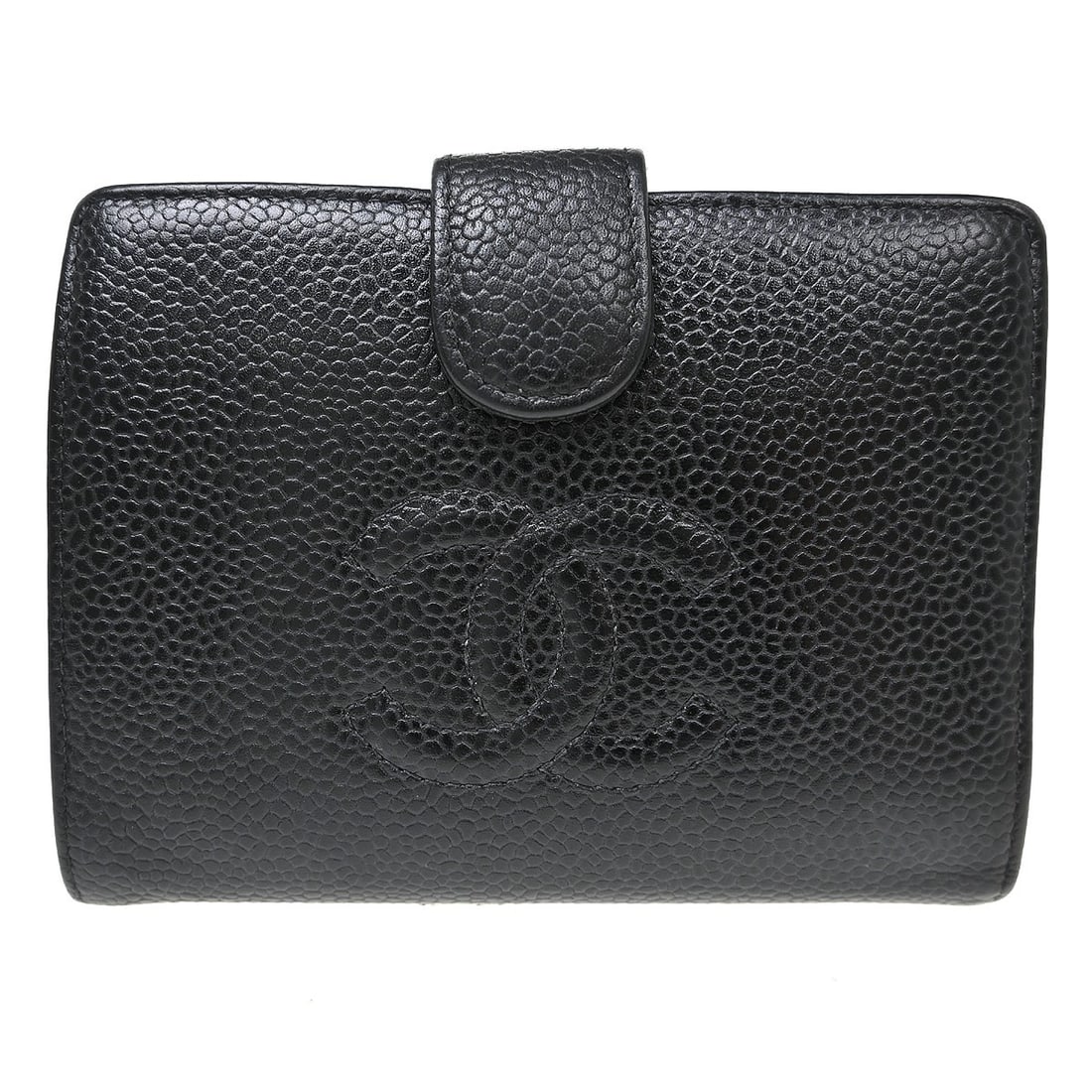 CHANEL CC Bifold Wallet Black Caviar Skin Leather France: CHANEL CC Bifold Wallet Black Caviar Skin Leather France Vintage Chanel bifold wallet purse in black caviar skin leather with a folding design and CC pattern. The interior includes card slots, pockets