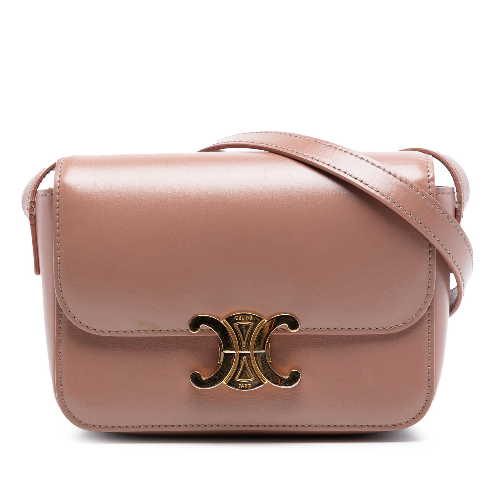 Celine Teen Triomphe Pink Leather Crossbody Bag with Adjustable Strap: Celine Teen Triomphe Pink Leather Crossbody Bag with Adjustable Strap This Celine Teen Shiny Calfskin Triomphe Crossbody features a pink leather body with an adjustable flat leather shoulder strap, a 