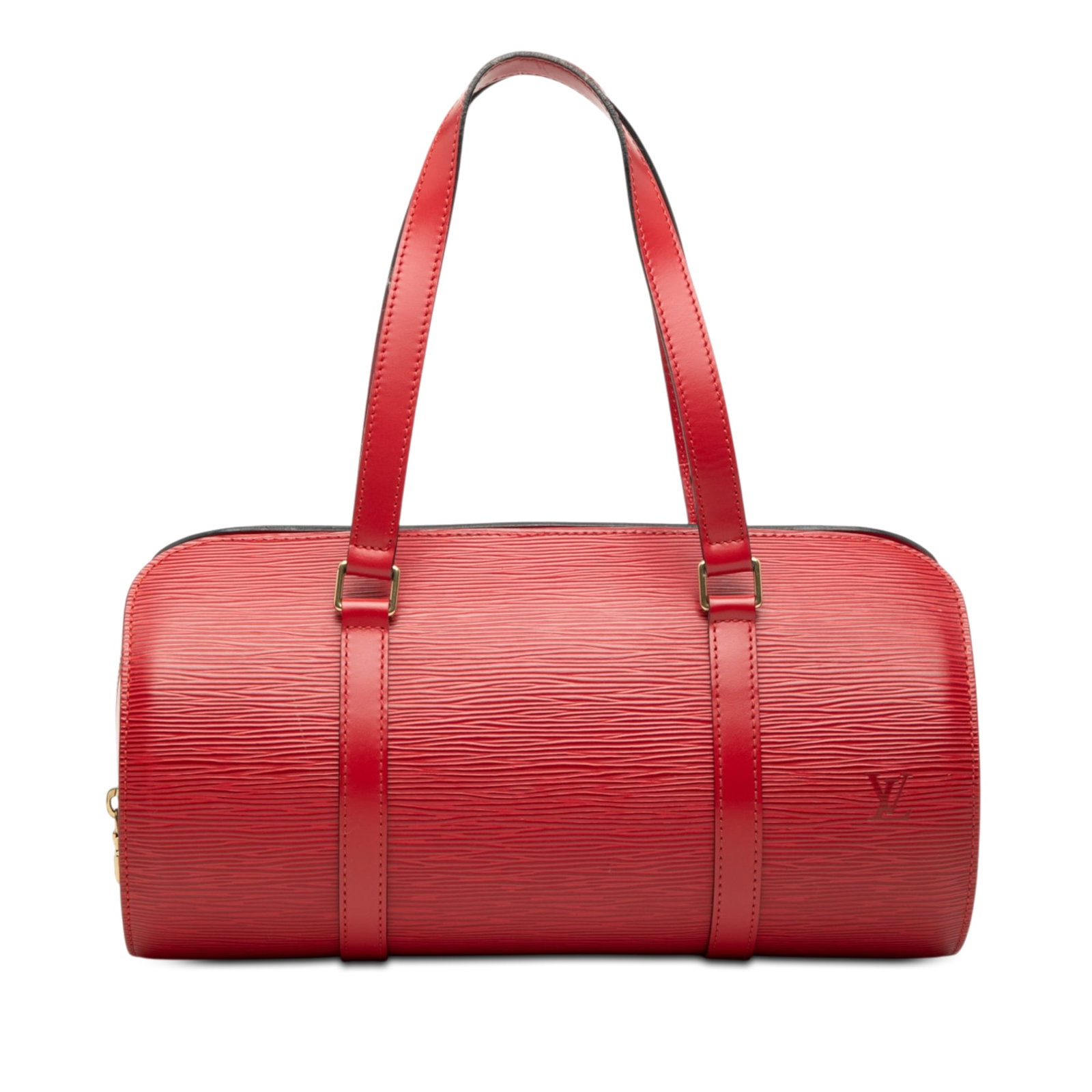 Red Epi Leather Handbag Louis Vuitton Soufflot: Red Epi Leather Handbag Louis Vuitton Soufflot Louis Vuitton Epi Soufflot handbag in red Epi leather with flat leather handles, a top zip closure, and an interior slip pocket. Made in France. Conditio