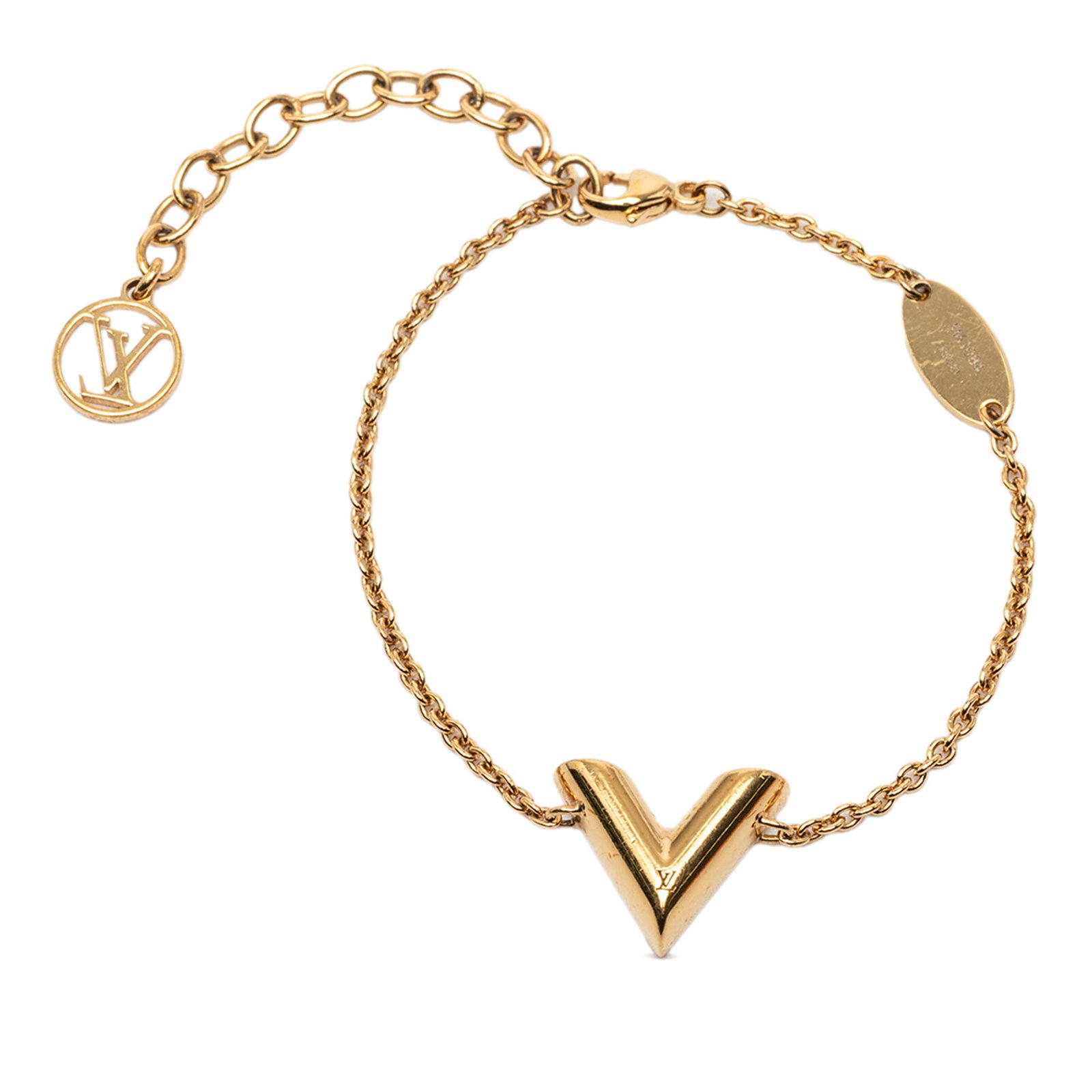 Louis Vuitton Essential V gold plated bracelet: Louis Vuitton Essential V gold plated bracelet This Louis Vuitton Essential V bracelet showcases a gold-plated metal construction with a signature V motif and a secure lobster clasp closure. The brace
