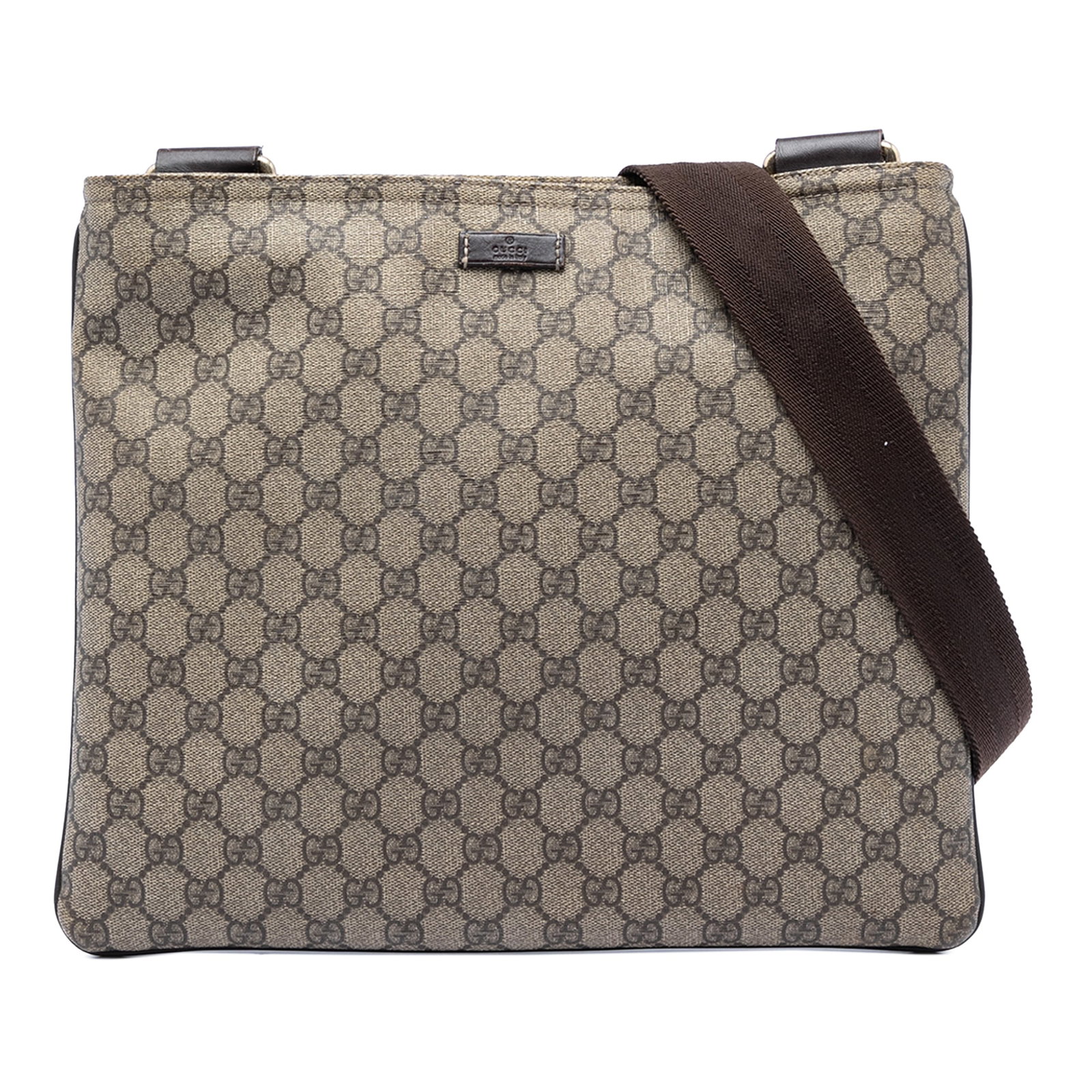 Gucci GG Supreme beige coated canvas crossbody bag: Gucci GG Supreme beige coated canvas crossbody bag This Gucci GG Supreme Crossbody bag features a coated canvas body with leather trim, an adjustable flat shoulder strap, a top zip closure, and an int