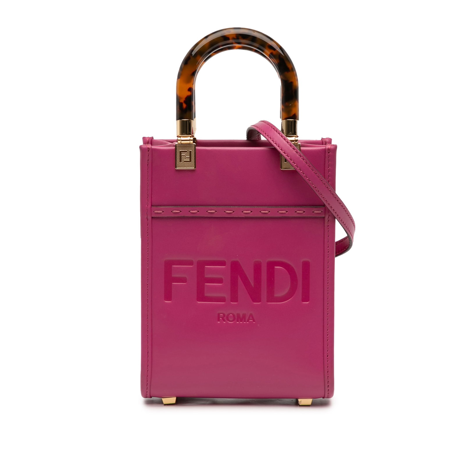 Mini Sunshine Shopper Pink Leather Tote Bag by Fendi: Mini Sunshine Shopper Pink Leather Tote Bag by Fendi This Fendi Mini Leather Sunshine Shopper Tote features a pink leather body, rolled acrylic top handles, and a detachable flat leather shoulder stra