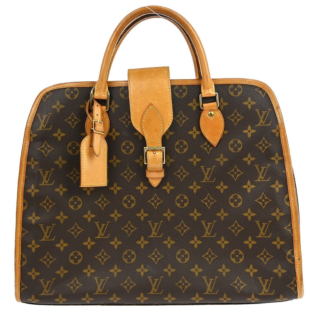 Louis Vuitton Rivoli Monogram Canvas Handbag M53380 France: Louis Vuitton Rivoli Monogram Canvas Handbag M53380 France Vintage Louis Vuitton Rivoli handbag in brown Monogram canvas with leather trim and double beige handles. This zip-top bag features logo acce