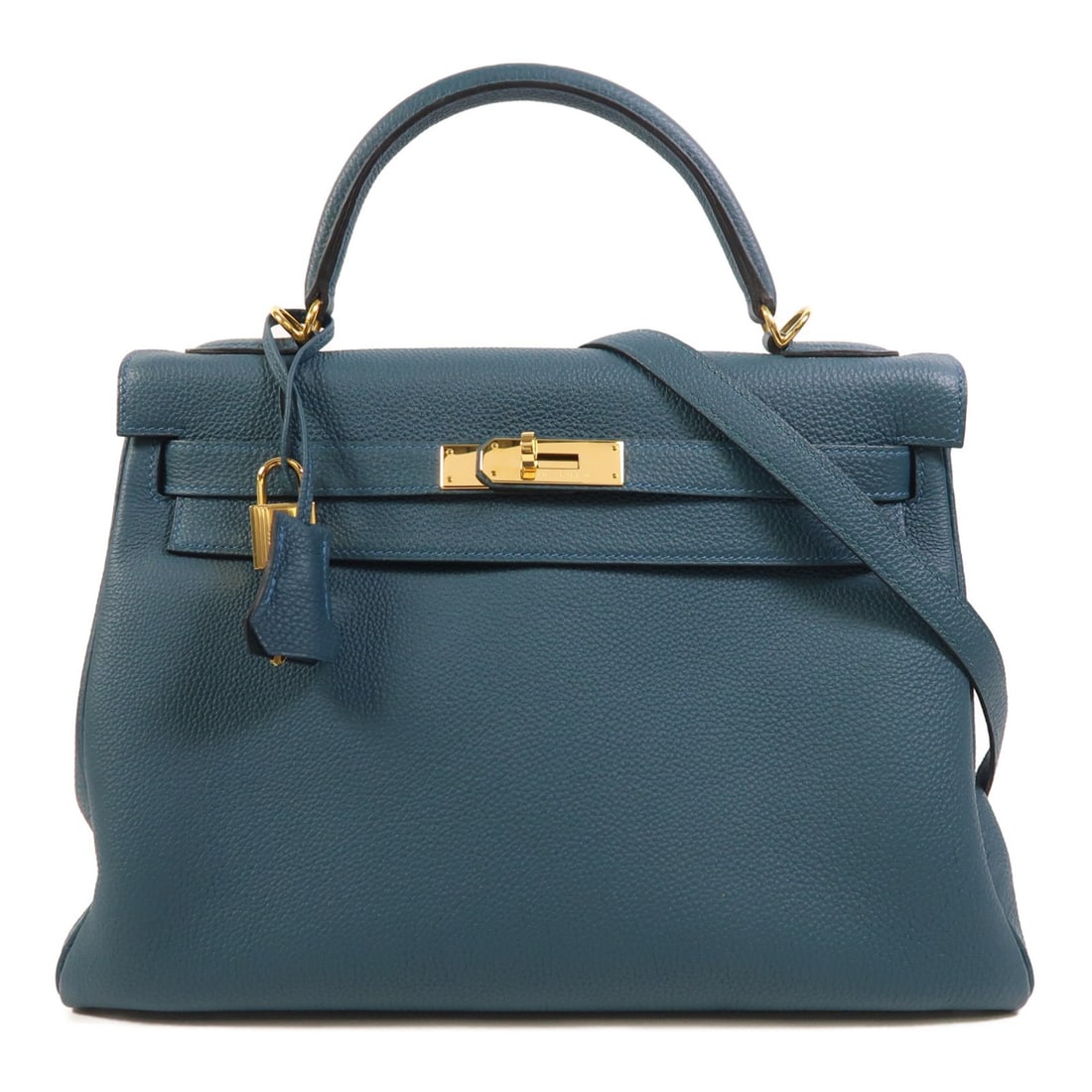 Hermes Kelly 32 Epsom Leather Two-Way Bag in Bleu Tempete with Gold Hardware: Hermes Kelly 32 Epsom Leather Two-Way Bag in Bleu Tempete with Gold Hardware This Hermes Kelly 32 2-way shoulder bag is crafted from Epsom leather in a green color, featuring gold tone hardware. Desig