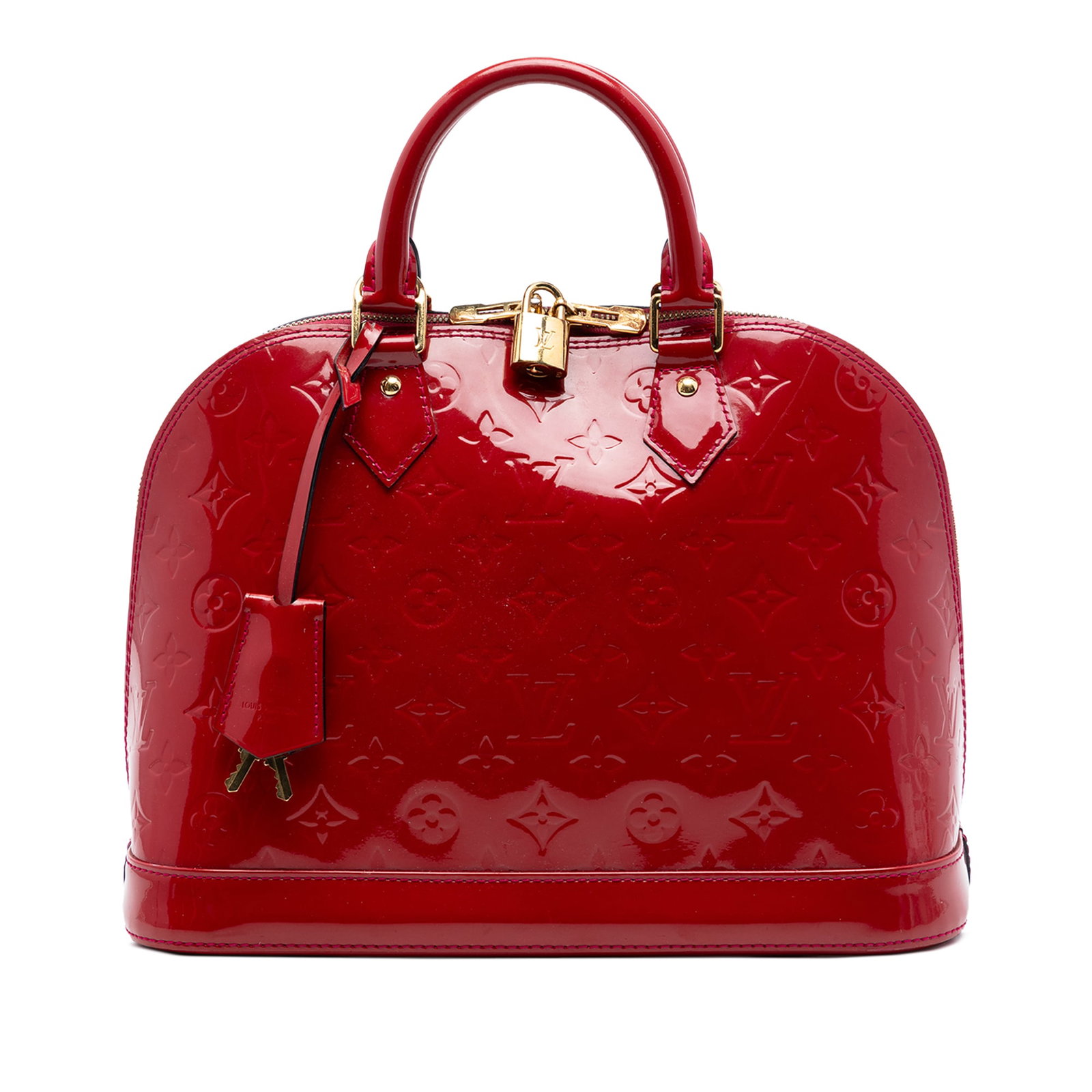 Louis Vuitton Alma PM Monogram Vernis Leather Handbag Red: Louis Vuitton Alma PM Monogram Vernis Leather Handbag Red Louis Vuitton Monogram Vernis Alma PM handbag in red leather with rolled leather handles, a clochette, top zip closure, and interior slip pock