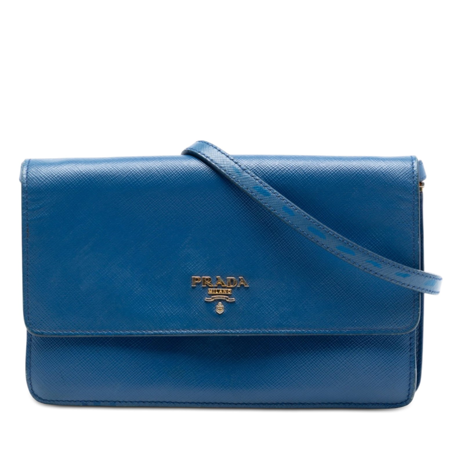 Prada Saffiano Leather Crossbody Wallet Bag with Strap Blue: Prada Saffiano Leather Crossbody Wallet Bag with Strap Blue This Prada Saffiano Wallet on Strap is crafted from blue saffiano leather and features an adjustable flat leather strap. The crossbody desig