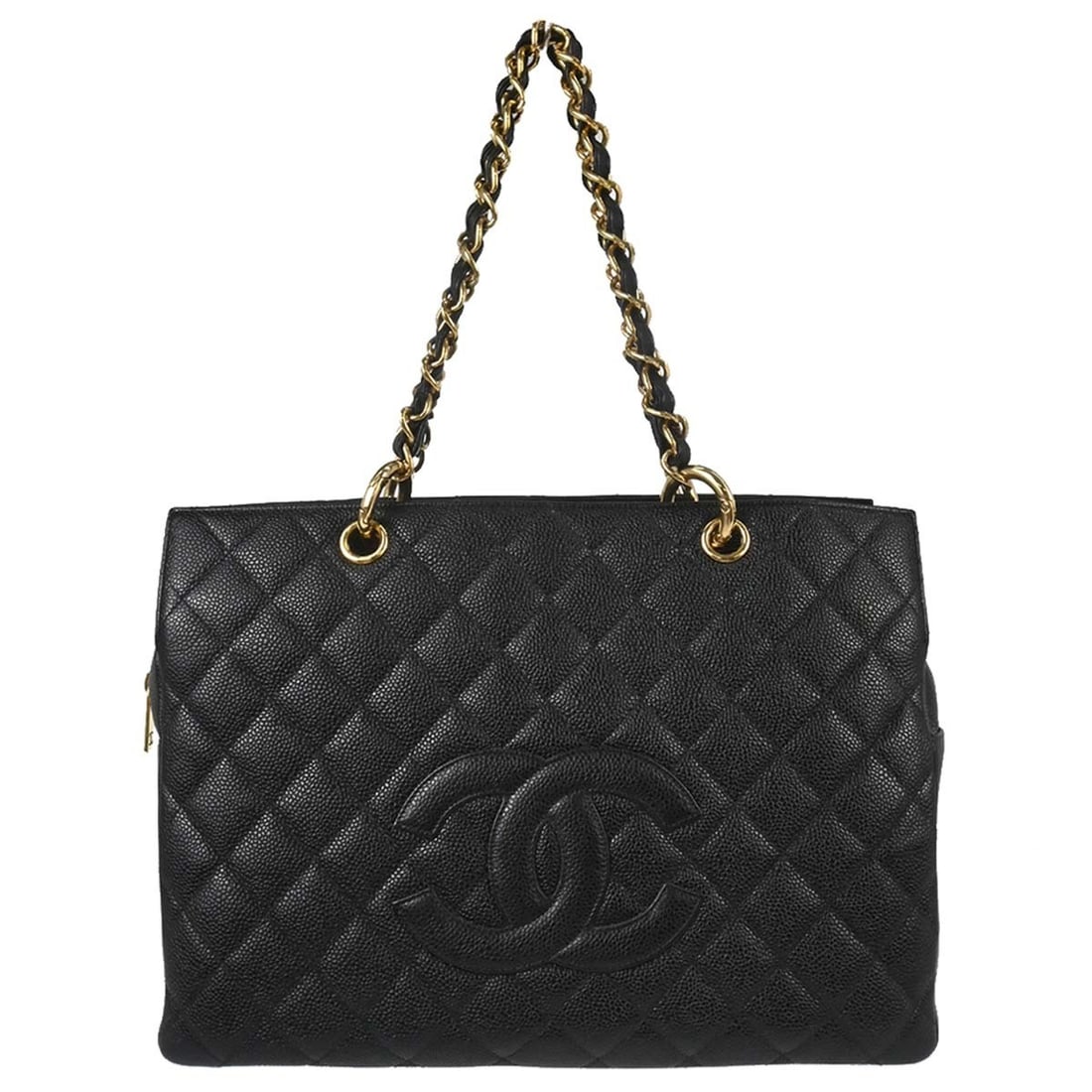 Chanel GST Large Black Leather Chain Tote Handbag: Chanel GST Large Black Leather Chain Tote Handbag Chanel GST tote chain handbag in black caviar skin leather with double handles, logo accents, and inner pockets. This large women's tote is made in Fr