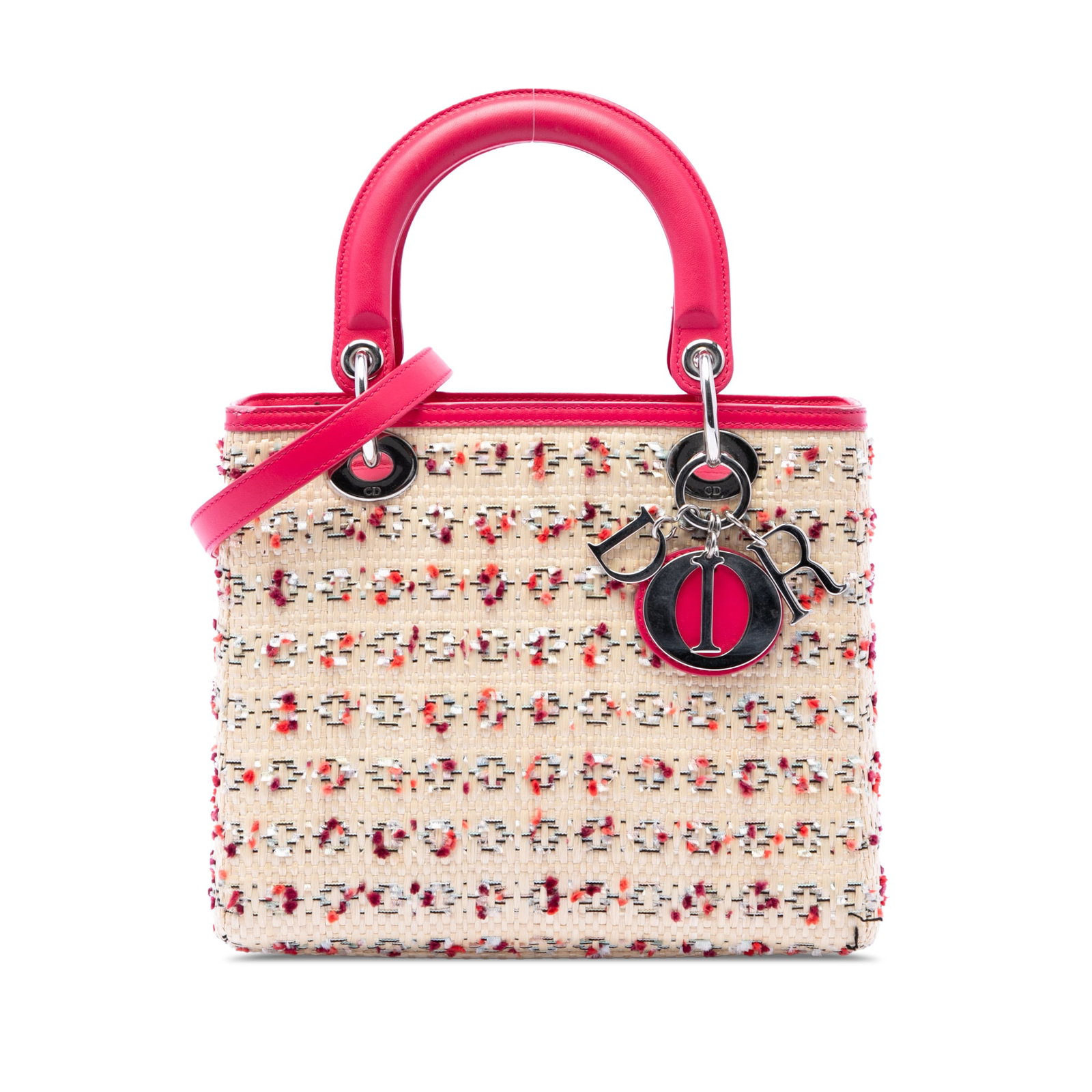 Dior Medium Woven Raffia Lady Dior Beige Bag: Dior Medium Woven Raffia Lady Dior Beige Bag This Medium Lady Dior handbag features a woven raffia body accented with tweed details and leather trim. It is designed with flat leather handles, a detach