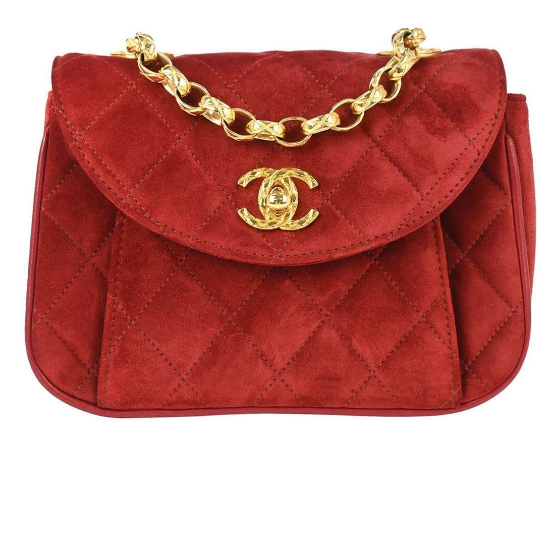 CHANEL CC Matelasse Small Red Suede Chain Shoulder Bag: CHANEL CC Matelasse Small Red Suede Chain Shoulder Bag Chanel red suede shoulder bag with a matelasse quilted finish and turn-lock closure. This small shoulder bag features a leather lining and two in
