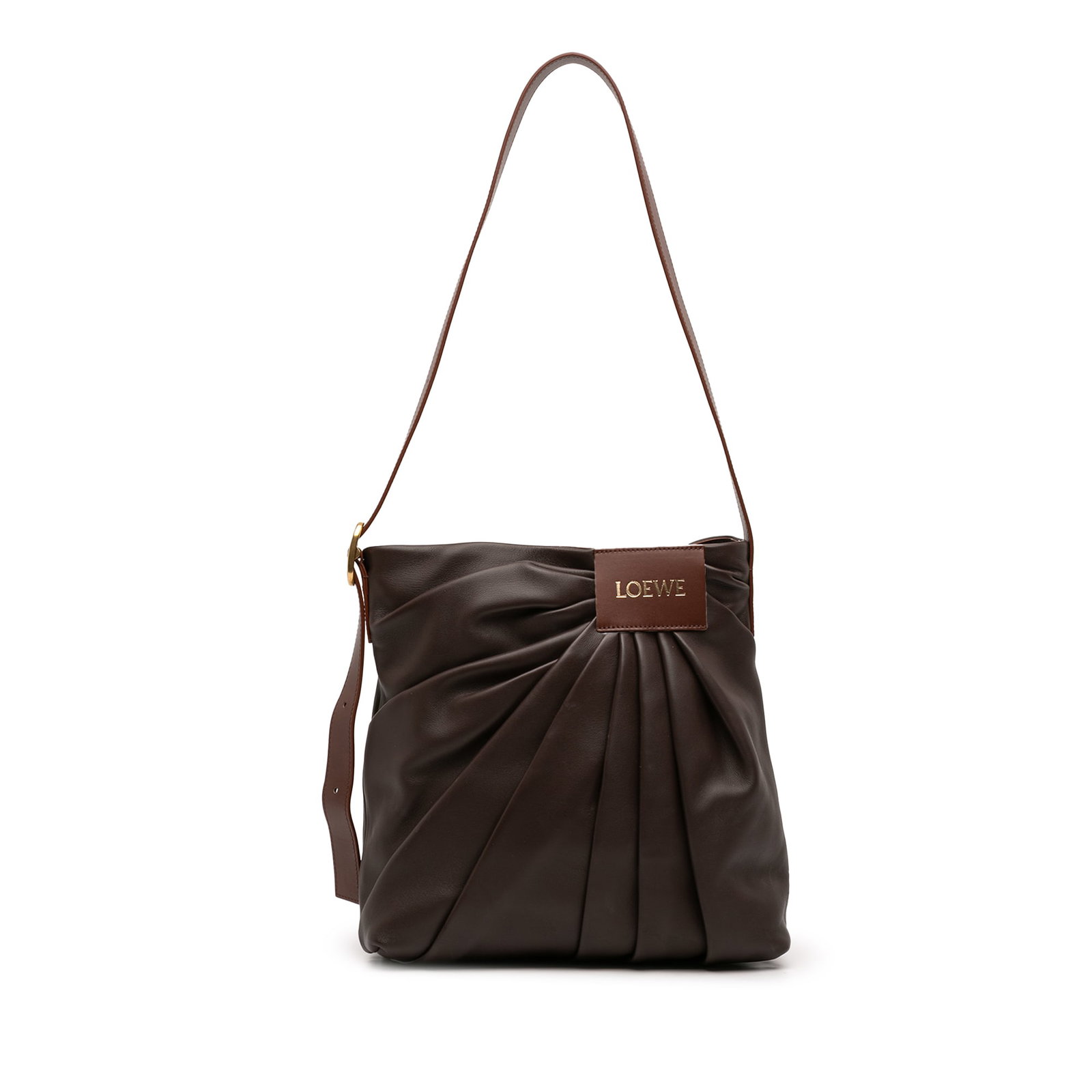 LOEWE pleated leather tote with magnetic closure: LOEWE pleated leather tote with magnetic closure This LOEWE Mellow Nappa Draped Tote features a pleated brown leather body with an adjustable flat leather strap. The bag has an open top secured by a m
