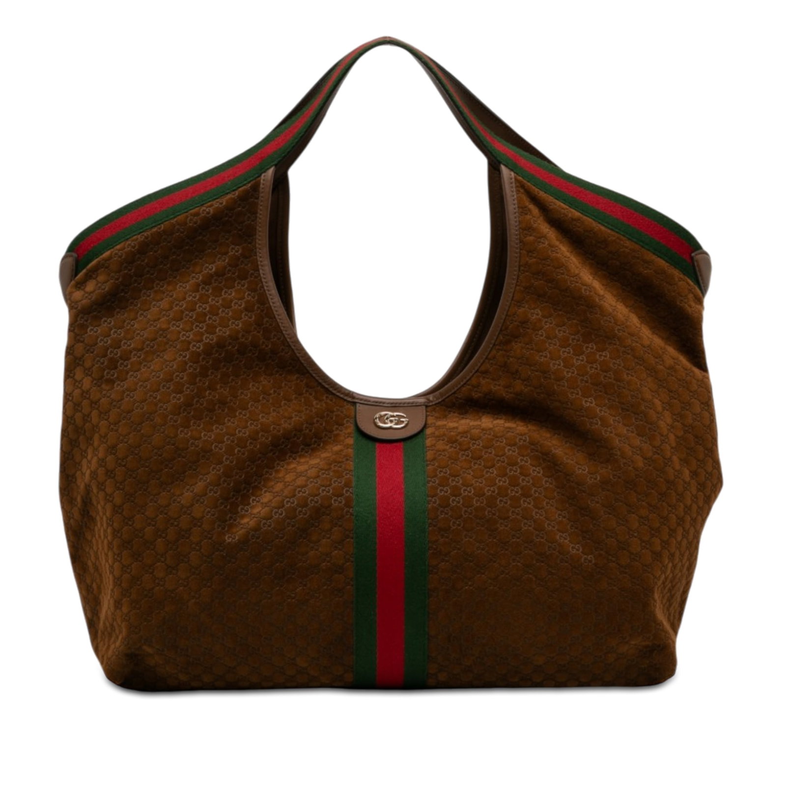 Gucci Giglio Brown Suede Tote with Web Detail and Pouch: Gucci Giglio Brown Suede Tote with Web Detail and Pouch This Gucci Giglio tote is crafted with a suede leather body and features the signature web detail, flat shoulder straps, an open top with magnet