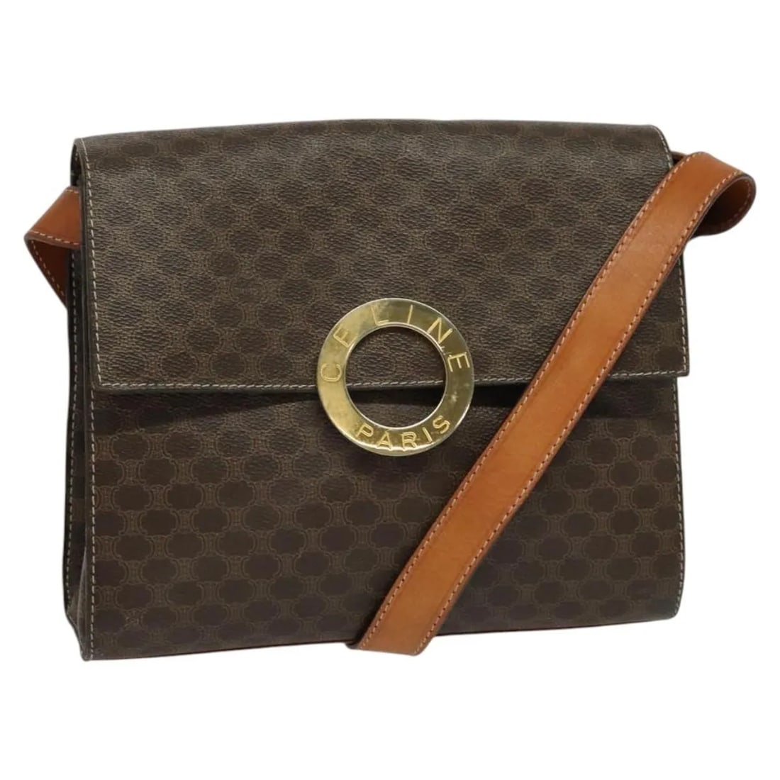 Celine Vintage Macadam Circle Logo Brown Canvas Leather Shoulder Bag: Celine Vintage Macadam Circle Logo Brown Canvas Leather Shoulder Bag This Celine Vintage Macadam Circle Logo Shoulder Bag is crafted from canvas with leather accents and features the iconic circle log