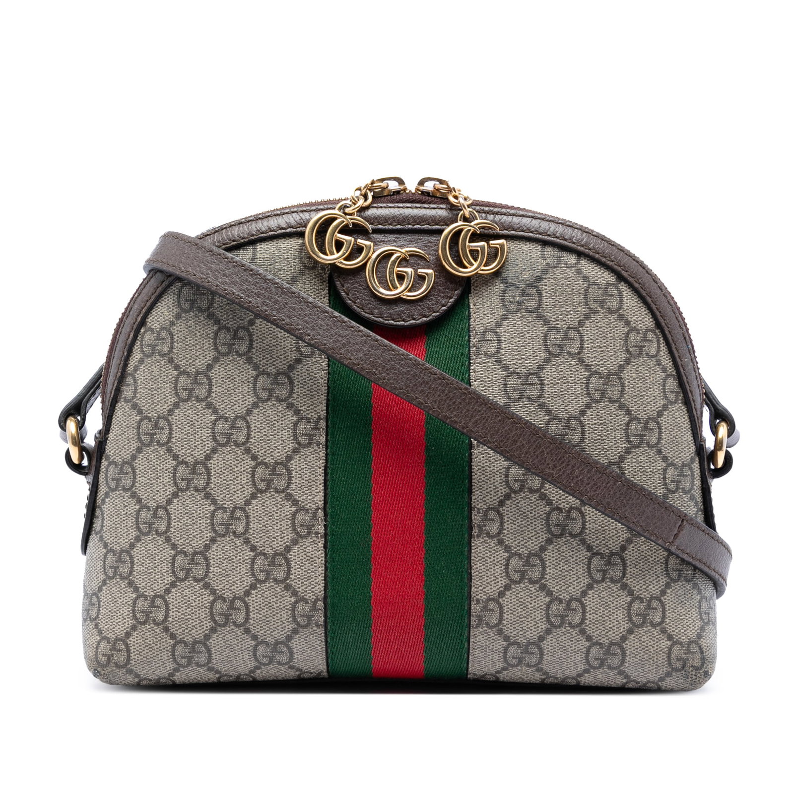 Gucci Ophidia Dome Crossbody Small GG Supreme Web Bag: Gucci Ophidia Dome Crossbody Small GG Supreme Web Bag Gucci Ophidia dome crossbody bag in beige GG Supreme coated canvas with leather trim and signature web detail. This compact crossbody features a f