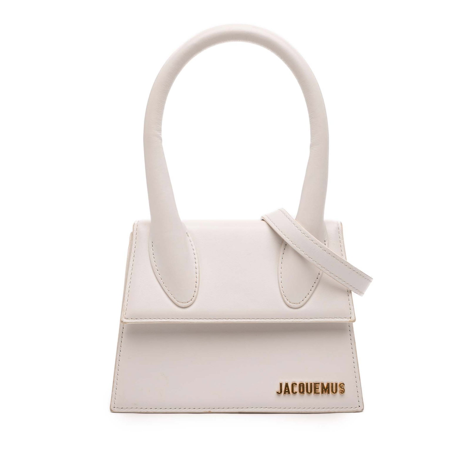 Jacquemus Le Chiquito Moyen White Leather Top Handle Bag: Jacquemus Le Chiquito Moyen White Leather Top Handle Bag Jacquemus Le Chiquito Moyen bag crafted in white leather with a rolled top handle, detachable flat shoulder strap, flap closure with magnetic s