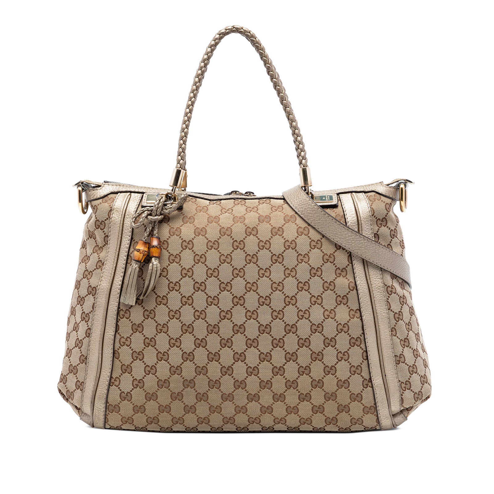 Gucci Bella GG Canvas Tote with Leather Trim: Gucci Bella GG Canvas Tote with Leather Trim This Gucci GG Canvas Bella Convertible Tote features a beige canvas body with leather trim, braided leather handles, and a detachable, adjustable flat leat