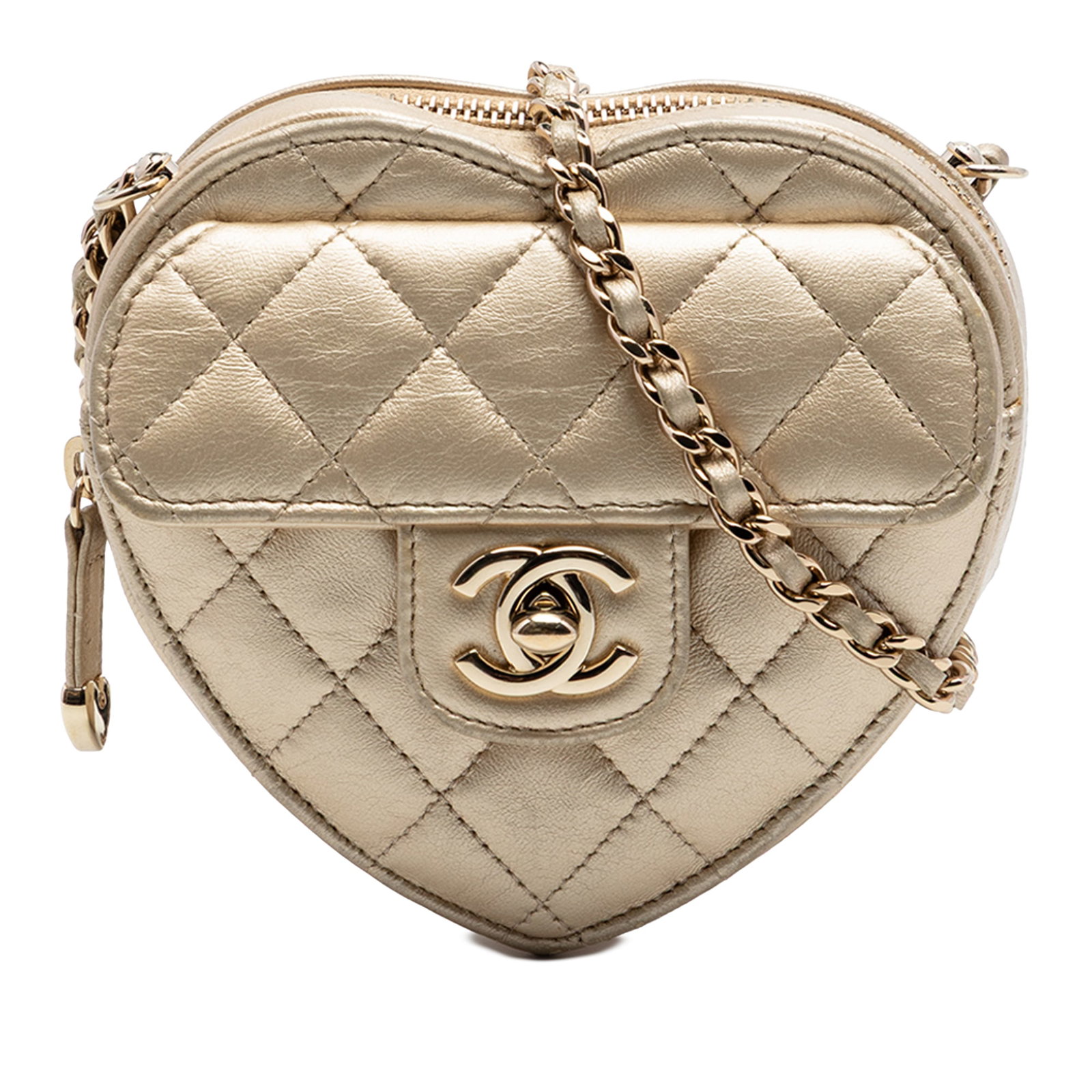 Chanel CC in Love Heart Mini Crossbody Metallic Lambskin: Chanel CC in Love Heart Mini Crossbody Metallic Lambskin Chanel Mini Metallic Lambskin CC in Love Heart Crossbody in gold quilted lambskin leather. This crossbody bag features a leather-woven chain sh