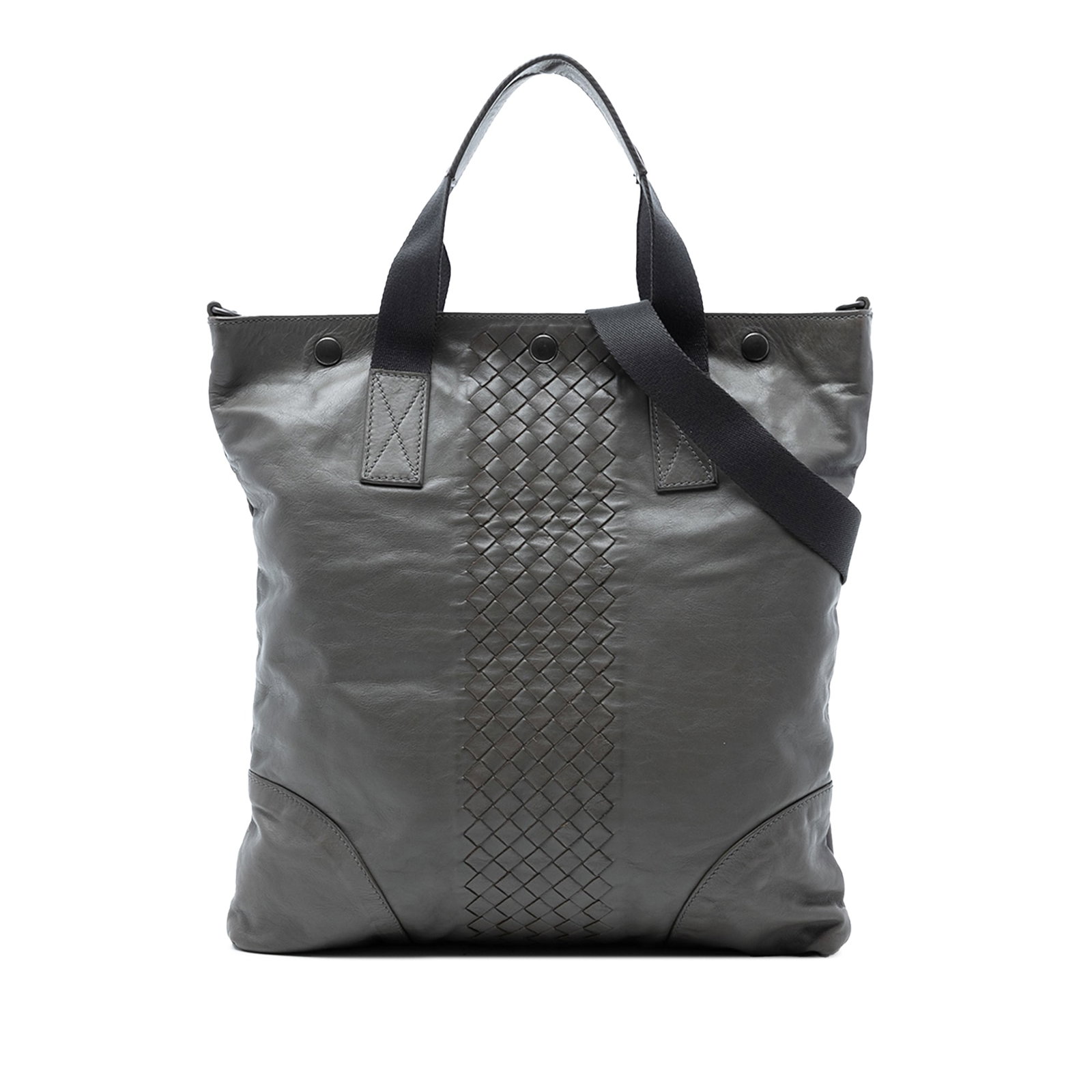 Bottega Veneta Gray Leather Satchel with Woven Intrecciato Accents: Bottega Veneta Gray Leather Satchel with Woven Intrecciato Accents This Bottega Veneta Intrecciato Trimmed Nappa Convertible Tote features a leather body with signature woven trim, flat leather top ha