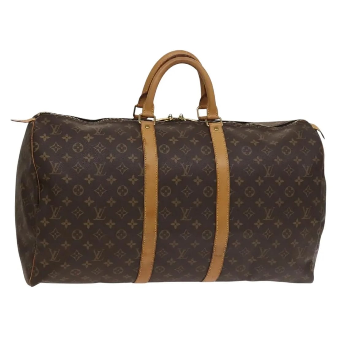 Louis Vuitton Keepall 55 Monogram Canvas Travel Duffel Bag: Louis Vuitton Keepall 55 Monogram Canvas Travel Duffel Bag This pre-owned Louis Vuitton Keepall 55 Boston bag features the iconic monogram canvas design in brown. Suitable for unisex use, it offers am