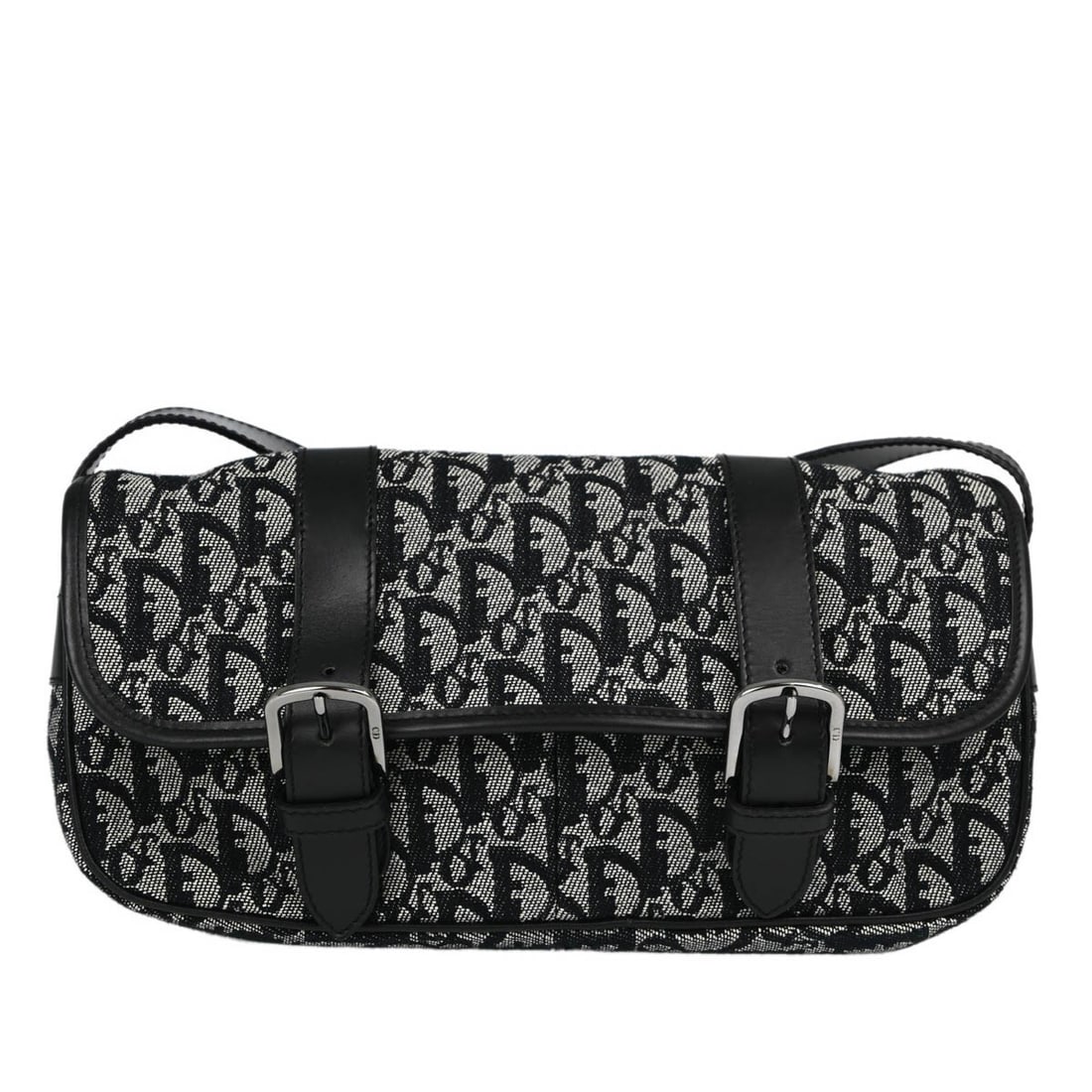 Dior Trotter Canvas Leather Shoulder Bag Black 01RU0043: Dior Trotter Canvas Leather Shoulder Bag Black 01RU0043 Christian Dior Trotter shoulder bag in black and white canvas with leather trim. This medium women's bag features a buckle closure, an adjustabl