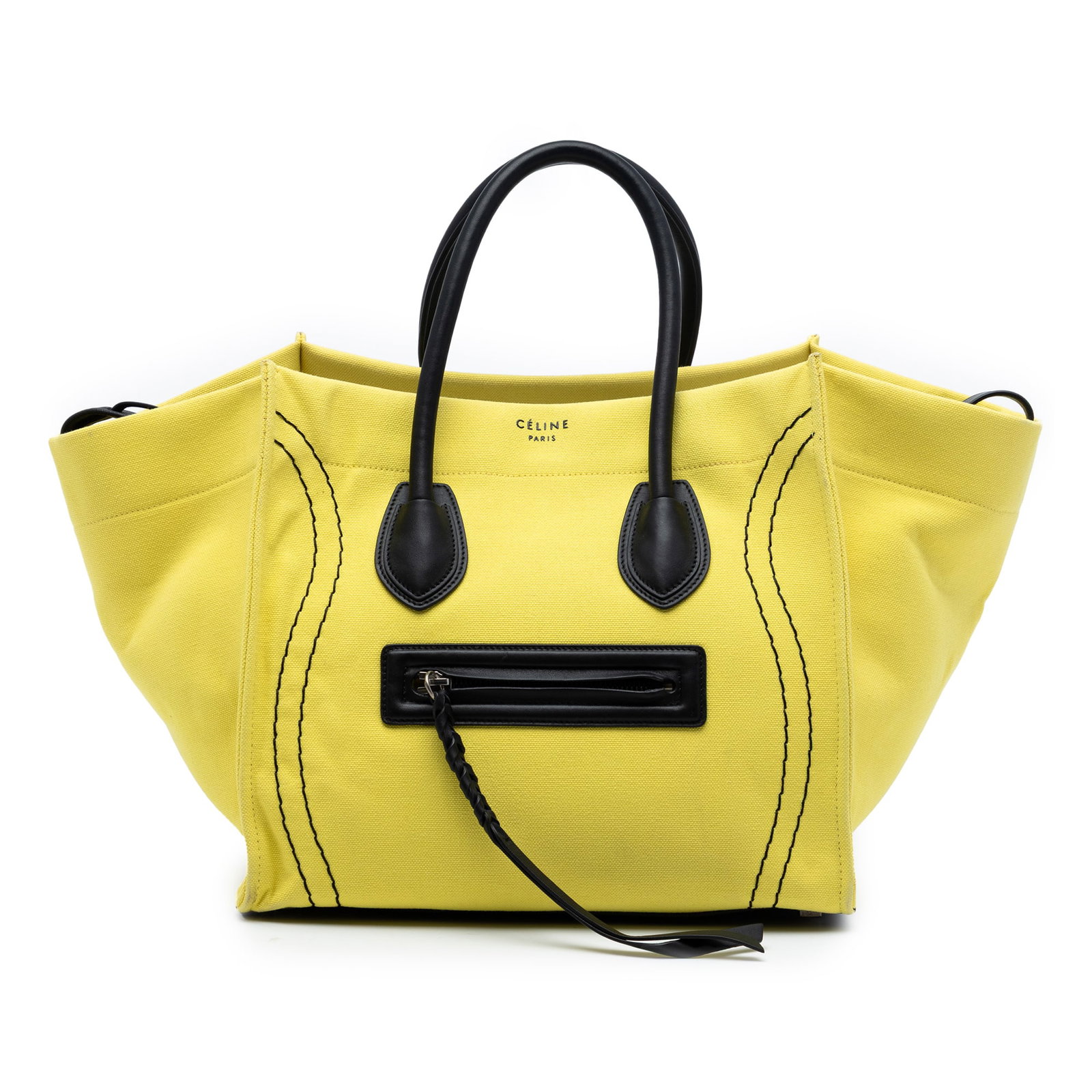 Celine Phantom Luggage Tote Medium Yellow Canvas with Leather Handles: Celine Phantom Luggage Tote Medium Yellow Canvas with Leather Handles This Celine Medium Canvas Phantom Luggage Tote features a canvas body with rolled leather handles, an open top, a front exterior z