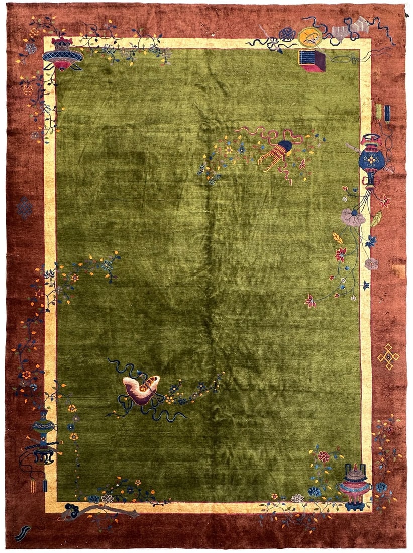 Walter Nichols Chinese Art Deco Wool Area Rug 11x15 Antique: Walter Nichols Chinese Art Deco Wool Area Rug 11x15 Antique This antique Chinese Art Deco area rug, attributed to Walter Nichols and dating to circa 1920, features a luminous moss-green field adorned 