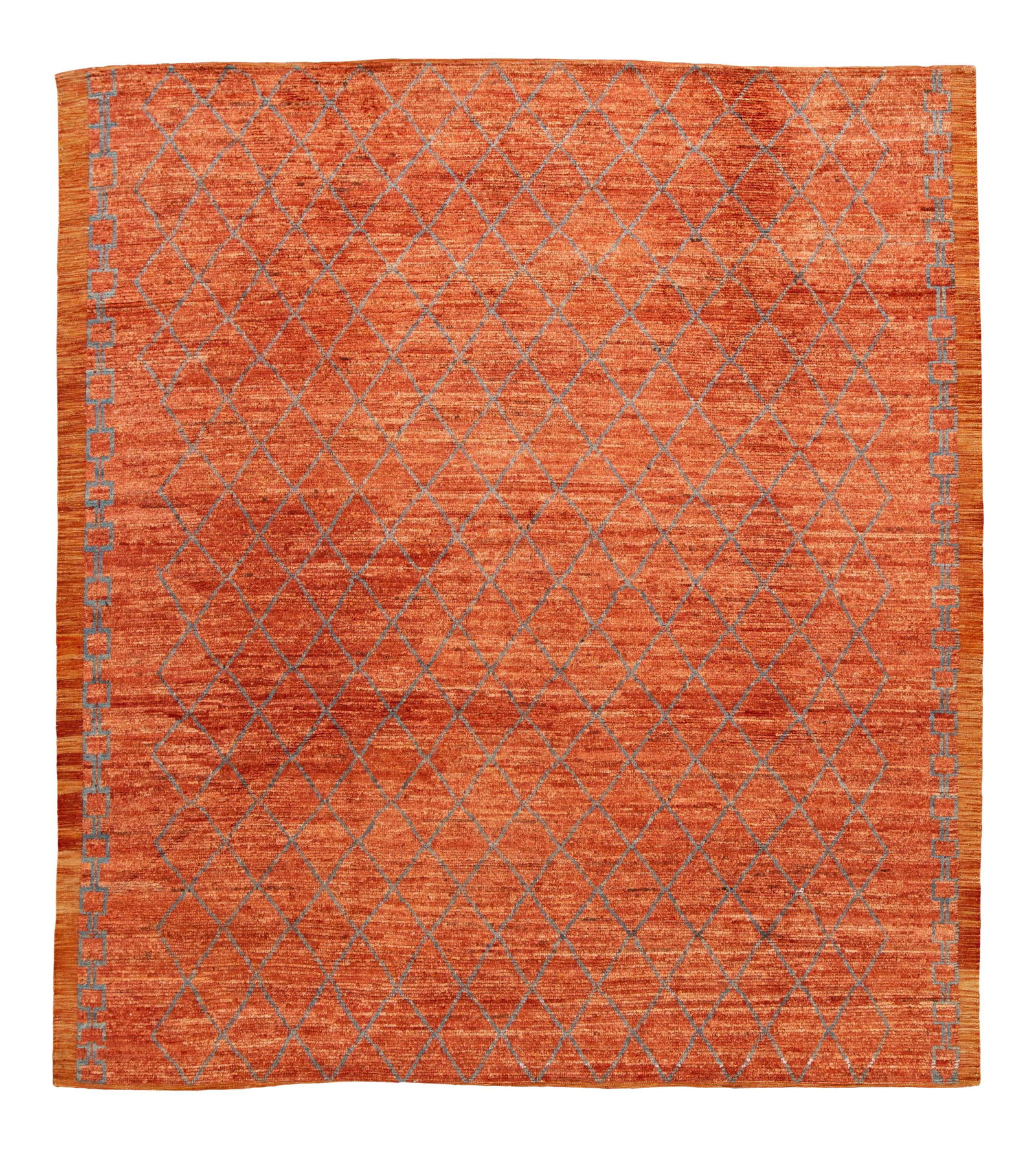 Vibrant Orange Moroccan Tribal Wool Rug 8'9" x 9'9": Vibrant Orange Moroccan Tribal Wool Rug 8'9" x 9'9" Enhance your living space with this stunning Modern Moroccan-Style Tribal Room Size Wool Rug. Crafted with care, this beautiful hand-knotted wool ru