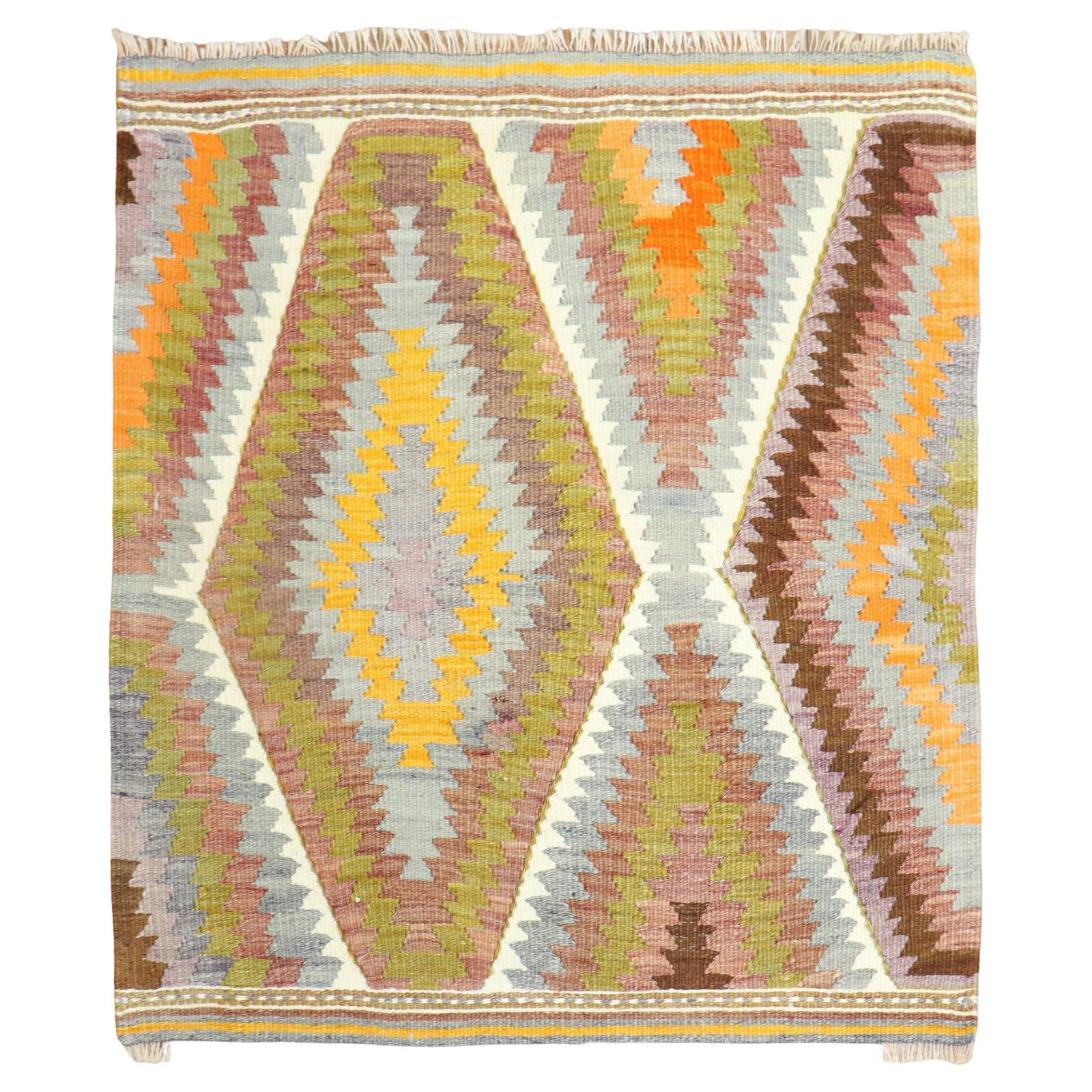 Vibrant Bohemian Hand-Knotted Turkish Kilim 36 x 40 in: Vibrant Bohemian Hand-Knotted Turkish Kilim 36 x 40 in This vibrant square vintage Turkish Kilim showcases a stunning bohemian style, perfect for adding a pop of color to your space. Hand-knotted from